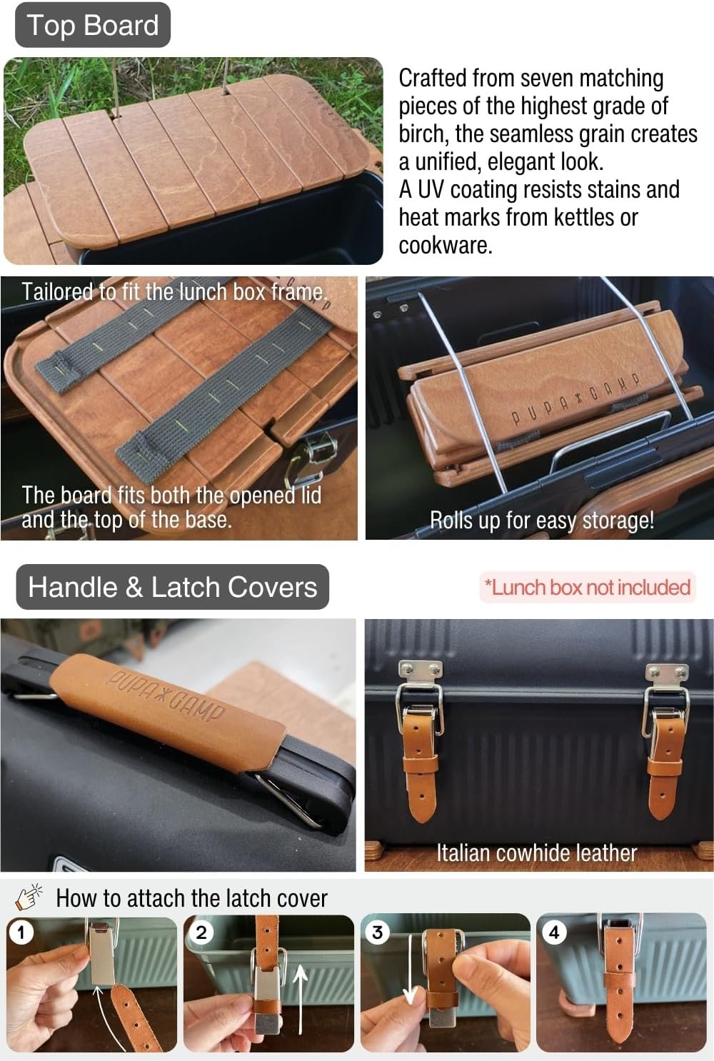 Wooden Table & Lantern Hanger Kit Compatible with Stanley Lunch Box 10qt (9.5L) | Includes Top Board, Bottom Base, Leather Handle & Latch Covers