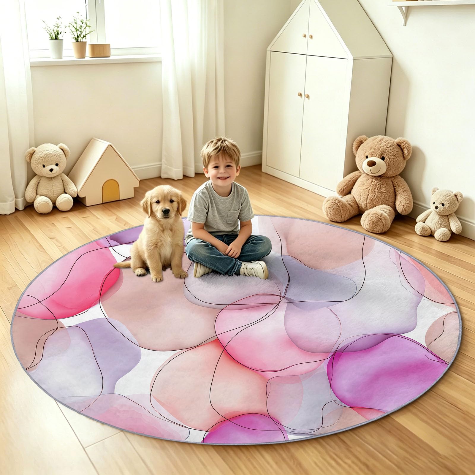 Runder Teppich 120 cm Waschbar Kurzflor, Tuschezeichnung Linien Rosa