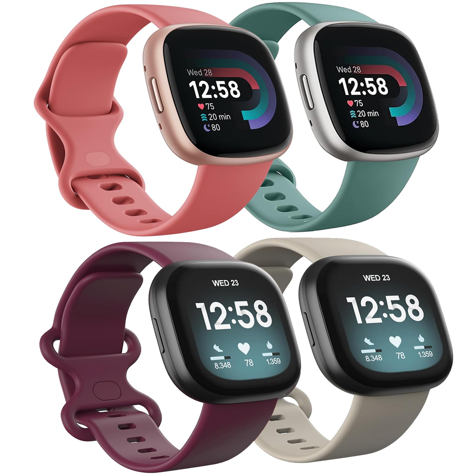 Newremote 4 Pack Waterproof Straps fit for Fitbit Versa 4 / Versa 3 / Sense 2 / Sense Straps, Classic Soft Sports Replacement Strap for Women Men (Pink/Green/Purple/Starlight, Large 7.1''-8.7'')
