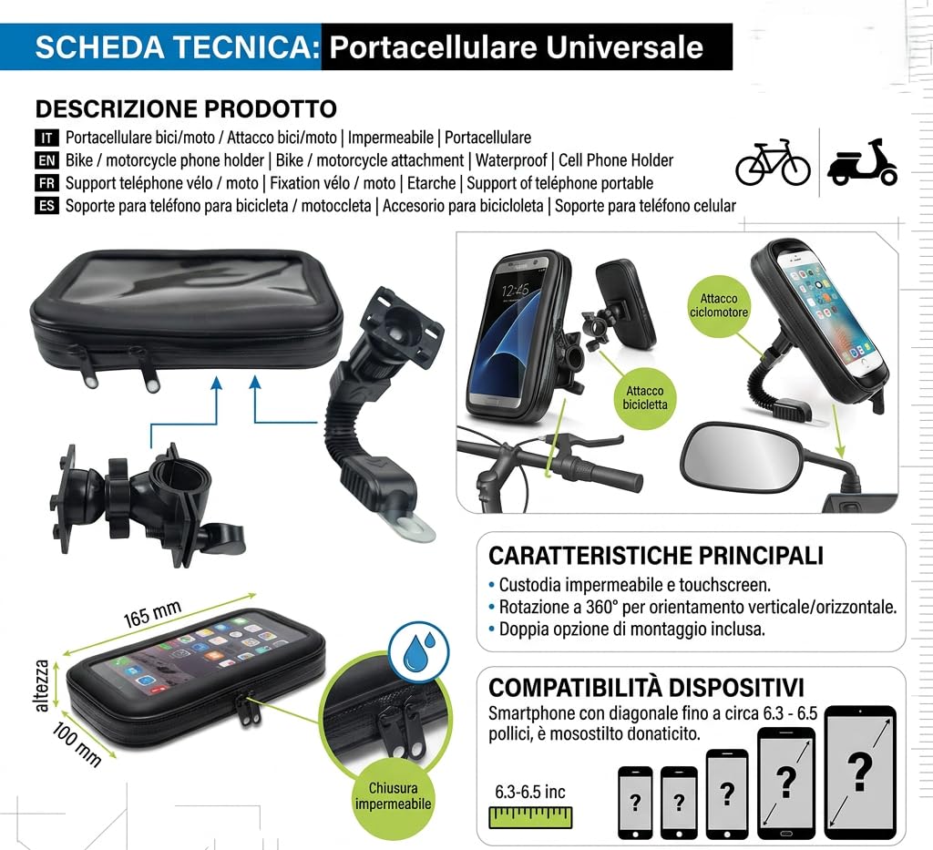 NLIGHTING Porta Cellulare Impermeabile PER Bici Moto, Schermi fino 6.5”, Custodia Touch Screen e Fissaggio Universale Sicuro su Manubrio o Specchietto