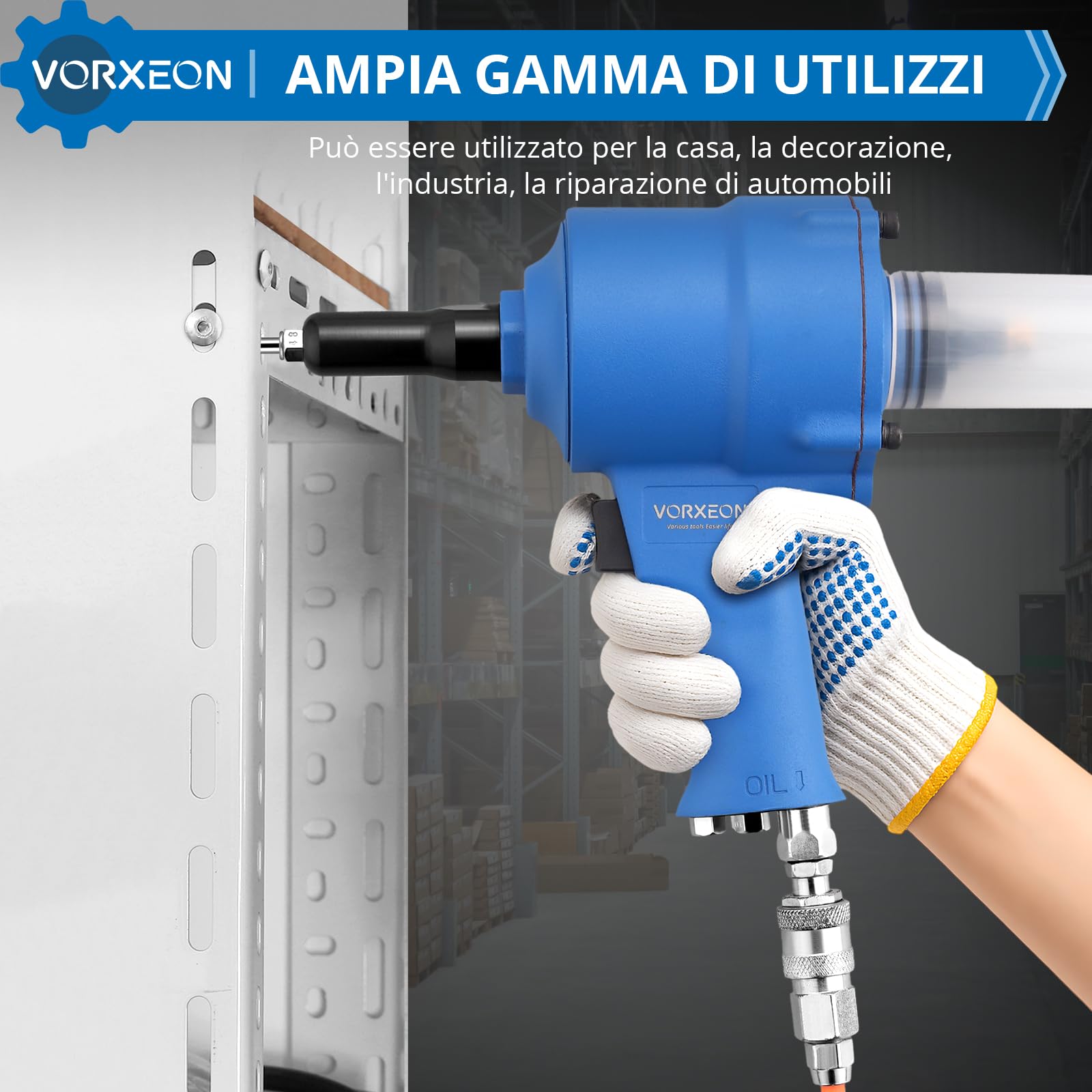 Set Rivettatrice Pneumatica Autoaspiranti, Forza di Trazione 1000KGF Con 4 Bocchette (2,4 mm, 3,2 mm, 4,0 mm, 4,8 mm) Pistola Rivettatrice ad Aria Compressa per Uso Domestico