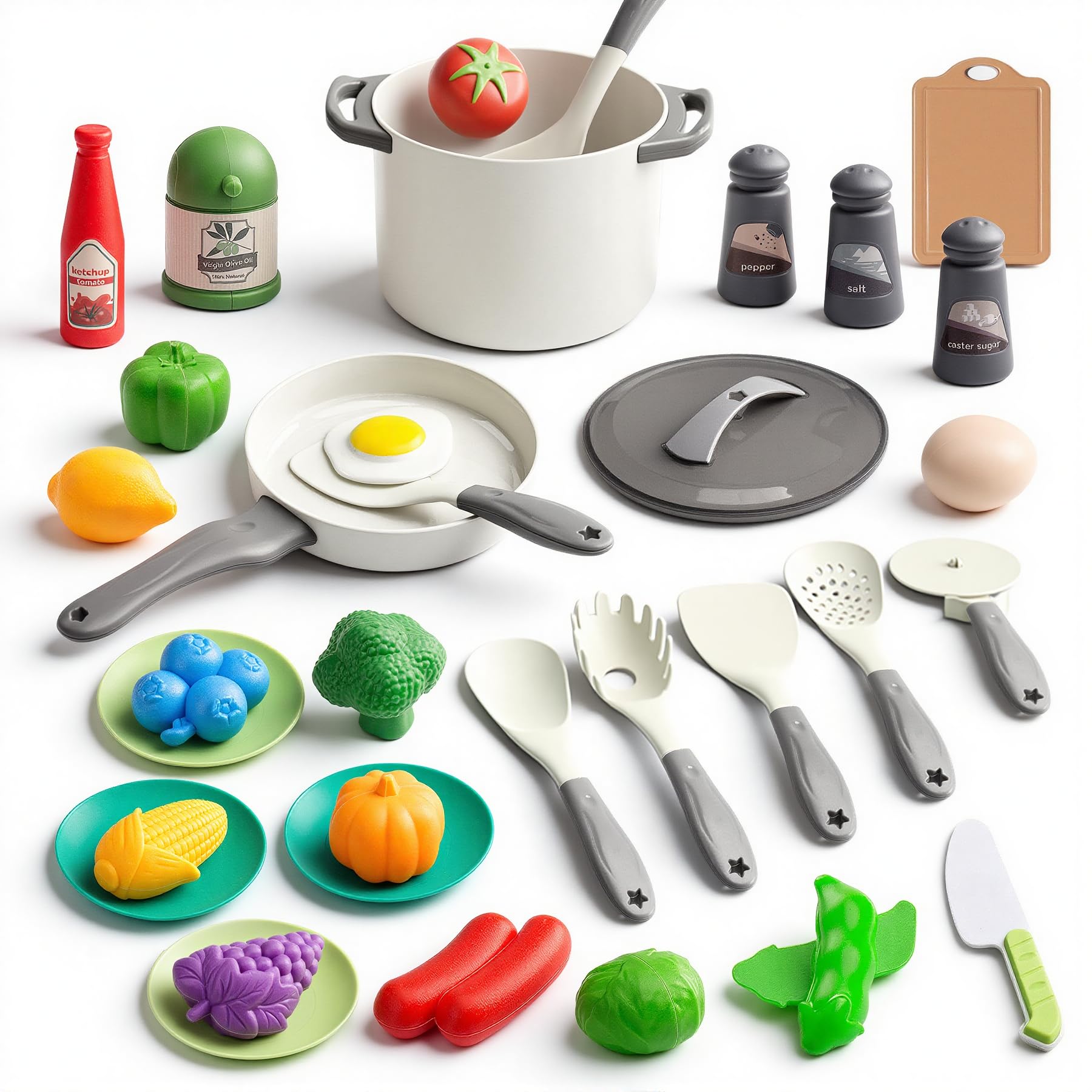 35Pcs Kids Kitchen Toy Accessories, Toddler Pretend Cooking Playset with Play Pots, Pans, Utensils, Cookware, Play Food Set, Toy Vegetables, Learning Gift for Girls &amp; Boys (White)