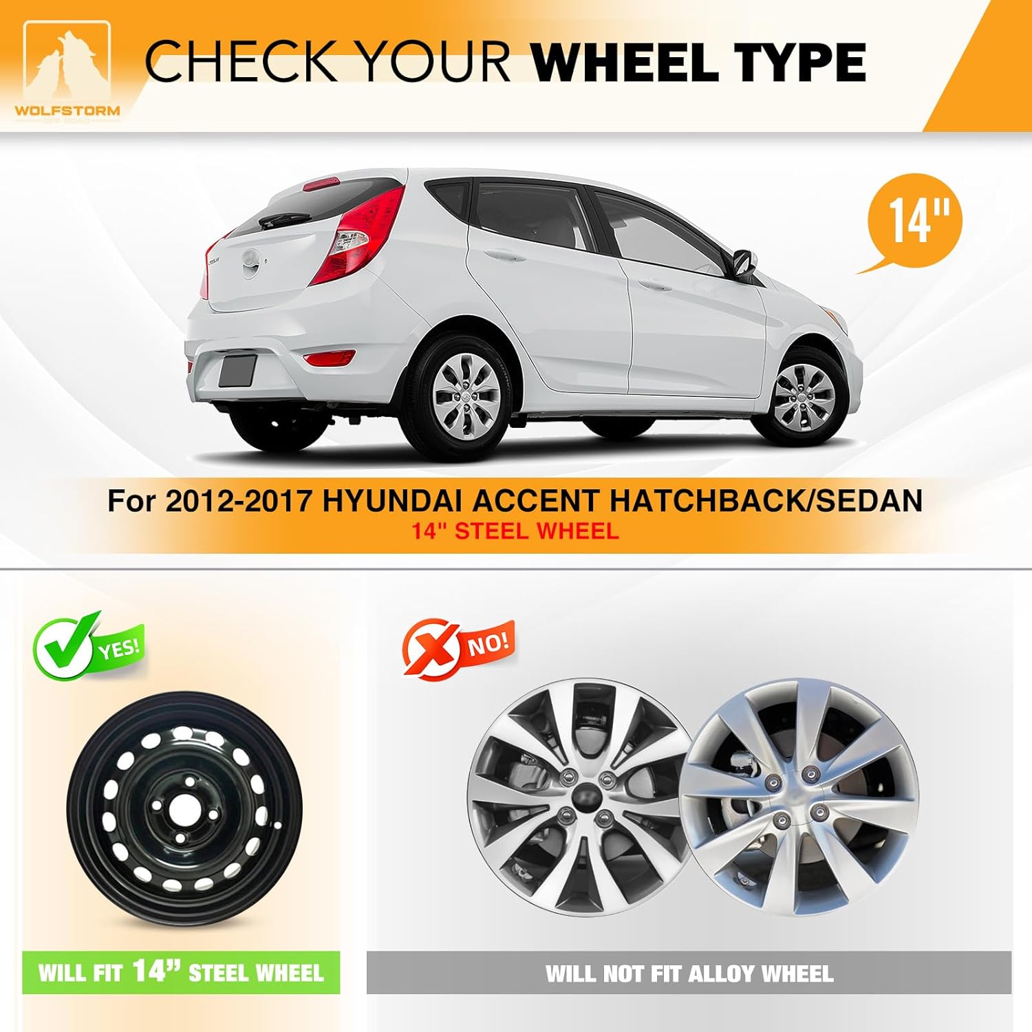 WOLFSTORM 14" Hubcaps for Hyundai Accent Hatchback/Sedan 2012-2017 Steel Wheels, R14 Car Hubcaps Snap-On Installation with Retention Rings, 14 Inch Wheel Rim Cover Set of 4, Lacquer