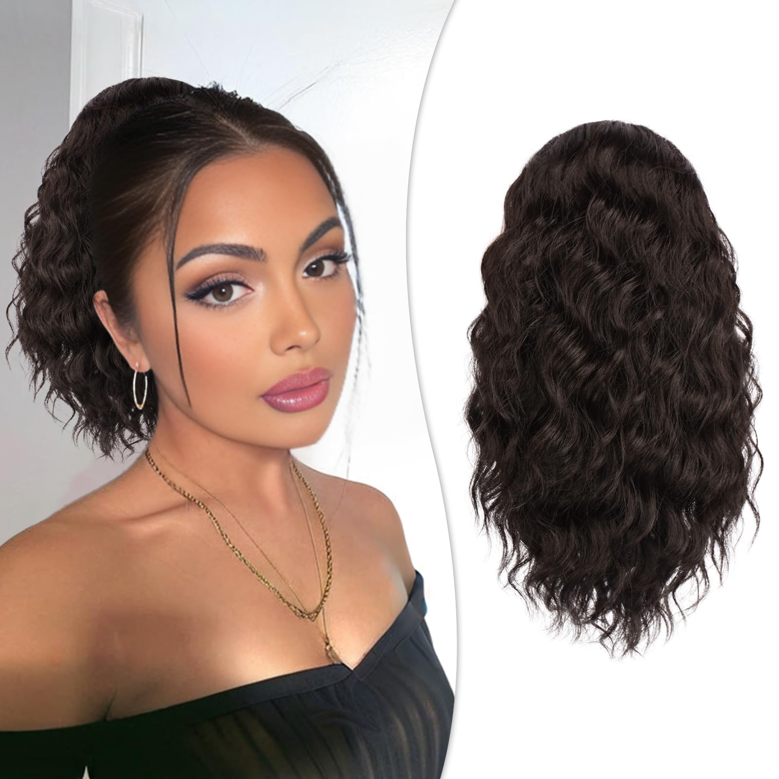 RUWISS Curly Drawstring Ponytail Extension for Black Women,12 inch Dark Brown Afro Kinky Ponytail Synthetic Hairpiece for Daily Party Use