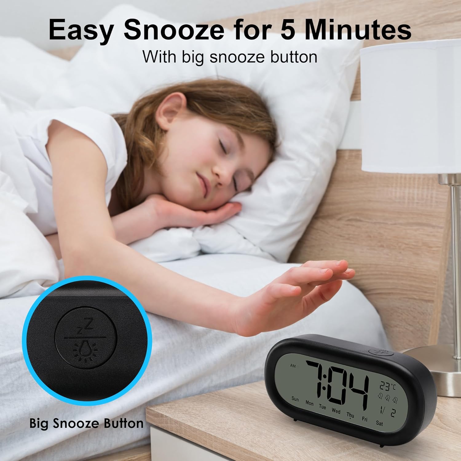 A person sleeping next to the Lafocuse Digital Alarm Clock, with a close-up inset of the large snooze button on top of the clock.