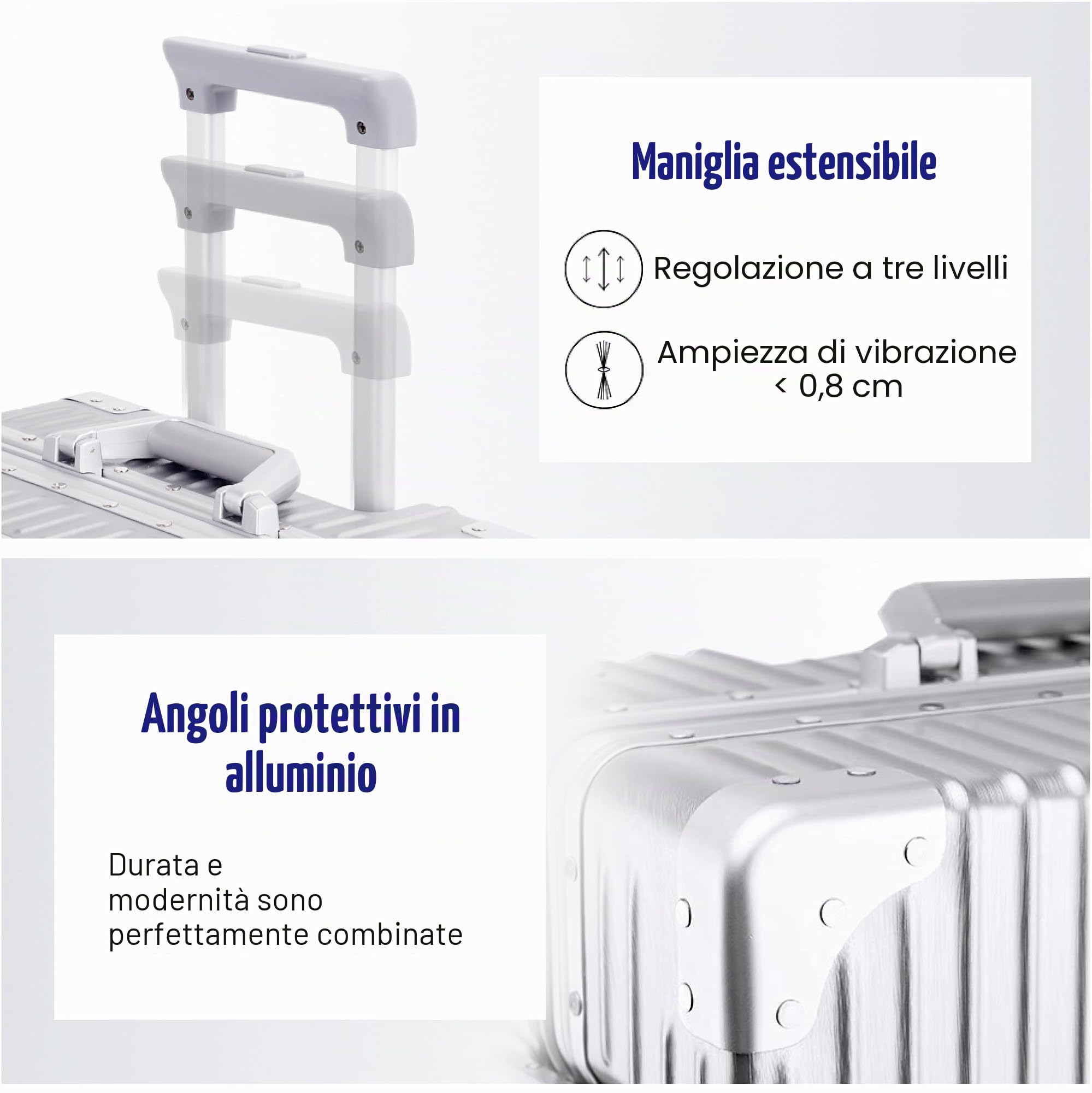 Aoliwei Valigia con telaio in alluminio, S (55 cm), bagaglio a mano, leggero al 100% in policarbonato rigido, effetto metallo, 35 l, valigia da viaggio con TSA, 4 ruote silenziose a 360°, argento