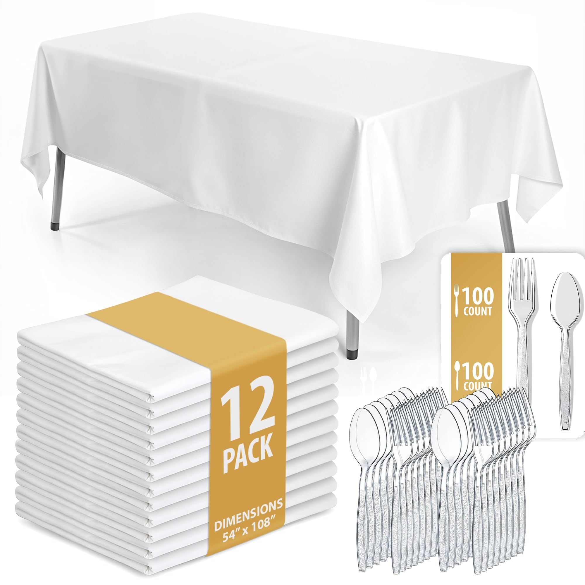 White Plastic Tablecloths for Rectangle Tables with Silverware - 54" x 108" Disposable Tablecloths Rectangular with 100 Forks & Spoons - Versatile Heavy Duty Plastic Tablecloth Cover Set