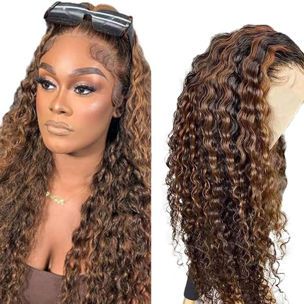 Weeybay 4x4 Lace Front Human Hair Wig p4/30 Highlight Brown Color Middle Part Lace Unprocesseed Glueless Virgin Hair Deep Wave Wigs For Women 28 Inch