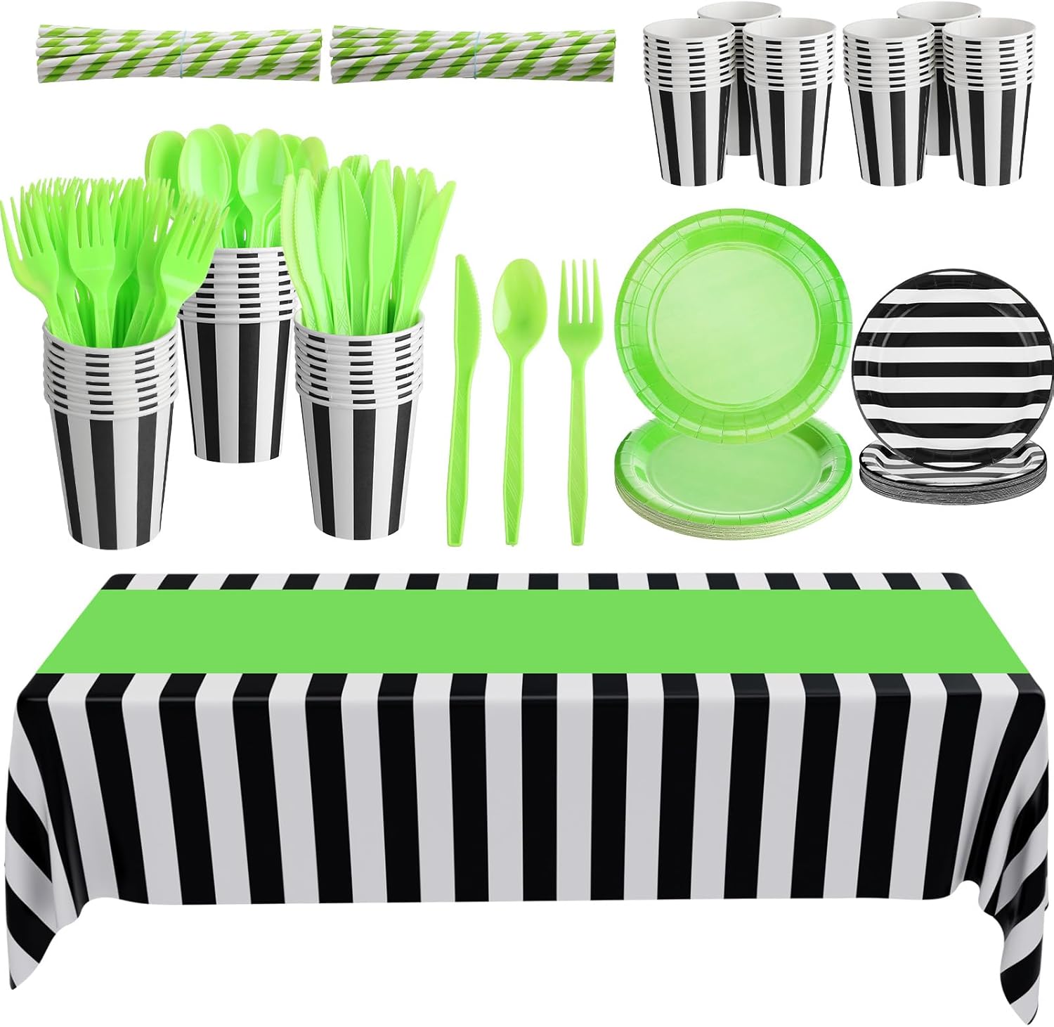 Mindsoft 172 Pcs Black and White Striped Party Decorations Includes Paper Napkins Cups Plates Plastic Table Runner and Tablecloth Knives Forks Spoons Set for Birthday Graduation Wedding Halloween