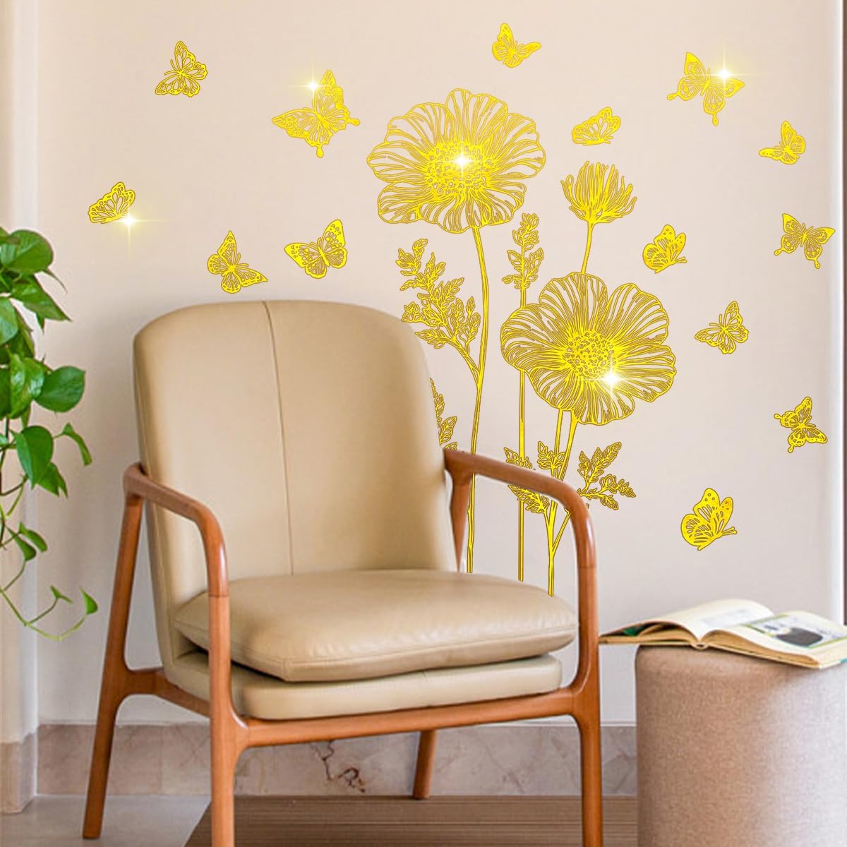 Runtoo Gold Flower Wall Decals Peel and Stick Golden Floral Butterfly Wall Stickers for Living Room Bedroom Bathroom Office Decor image 3