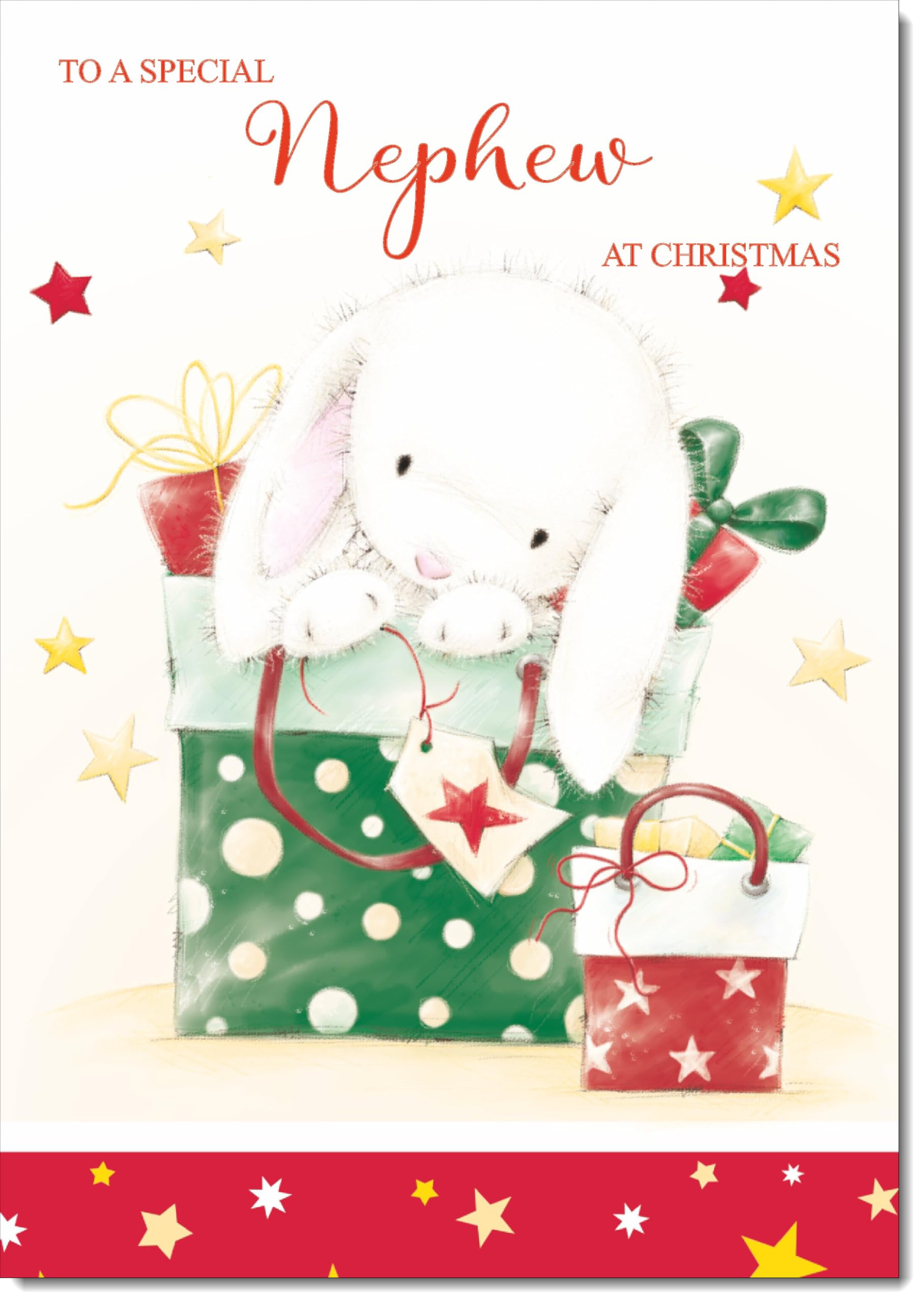 doodlecards Nephew Christmas Card Cute Rabbit with Parcels Large A4 Size Christmas Card for Nephew with Plain Envelope