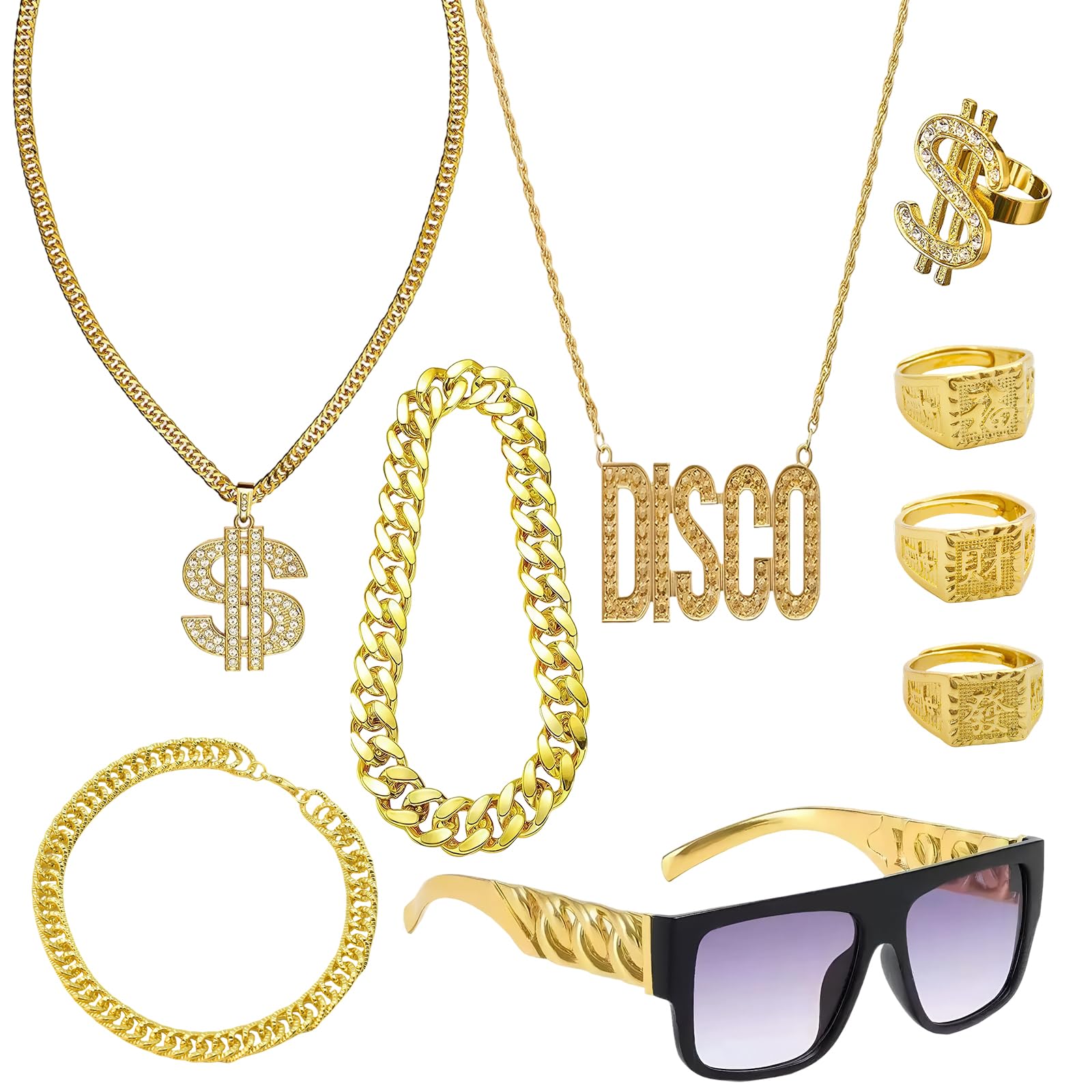 Xazuninsu 9Pcs Fake Gold Chain, Rapper Hip Hop Punk Chain Gold Set for Men and Women Necklace, Bracelet, Hip Hop Ring, and Retro Sunglasses for Various Themed Parties