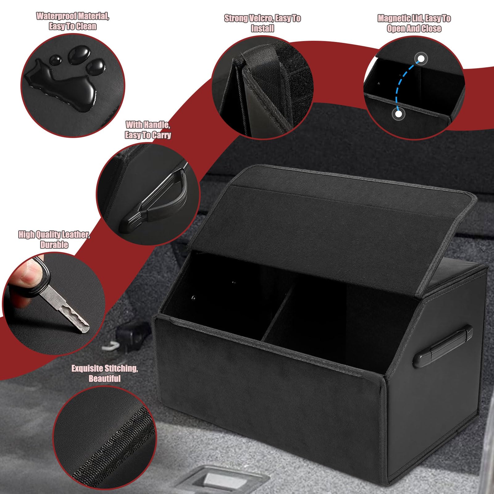 Contenitore per Bagagliaio Auto, Borsa Porta Attrezzi Veicoli, Borsa del Bagagliaio, Organizer per Auto Pieghevole, Organizer da Campeggio Impermeabile con Coperchio, in pelle