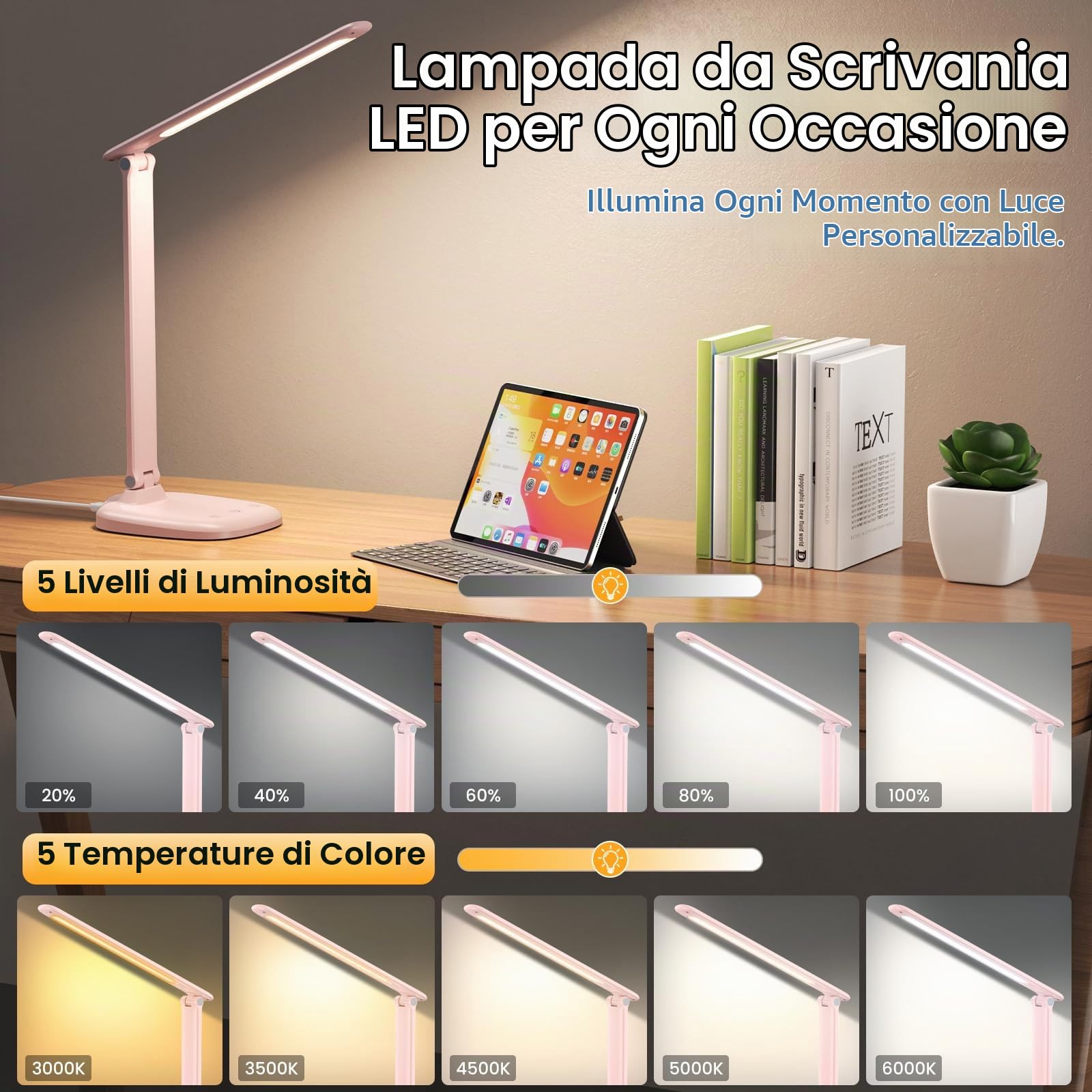 Lampada da Scrivania, Lampada da Tavolo Pieghevole con Batteria Integrata e Spina, 5 Temperature Colore e Regolazione Continua, Timer/Tattile/Memoria, Lampada LED Occhi per Casa e Ufficio, Rosa