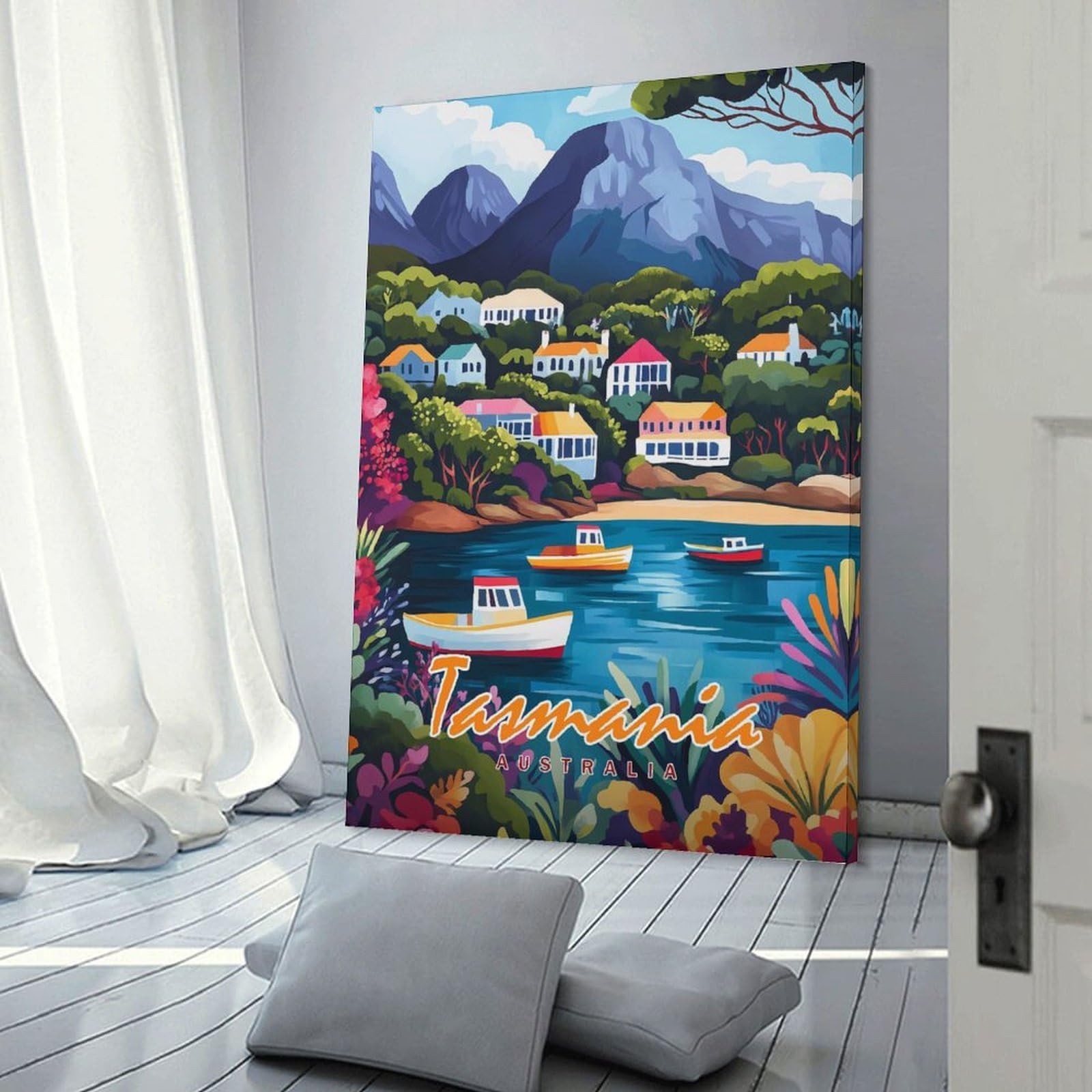 Junmoney Tasmania Coastal Village Wall Art Print, 20x30inch(50x75cm), for Entrance Spaces, Stair Walls Or Halls, Home Artwork for First Impressions