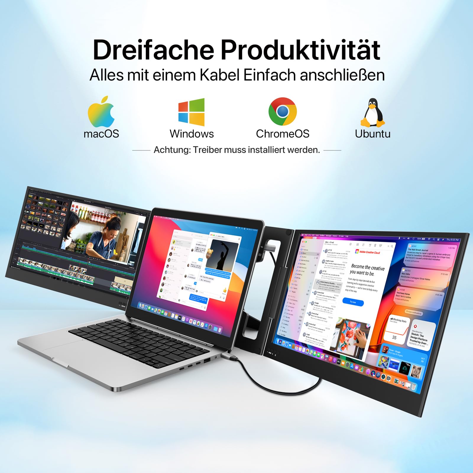 KPKUE Schermo di espansione per computer portatile, 15,6 pollici 1080p FHD triplo monitor in alluminio Compatibile con computer portatili da 12-16 pollici, per Mac, Windows e Chrome installazione