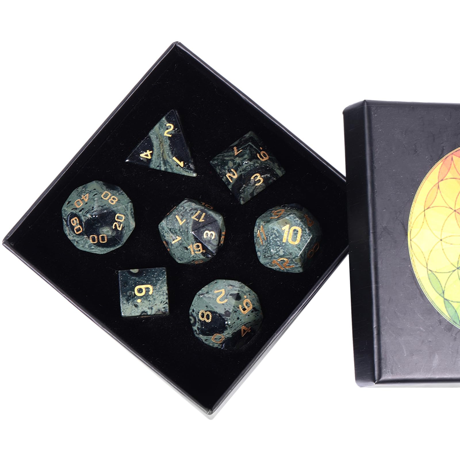 Nupuyai 7pcs Kambaba Jasper Crystal Polyhedral DND Dice Set for RPG MTG Table Games Polished Tumbled Stones Dices with Box for Home Decor