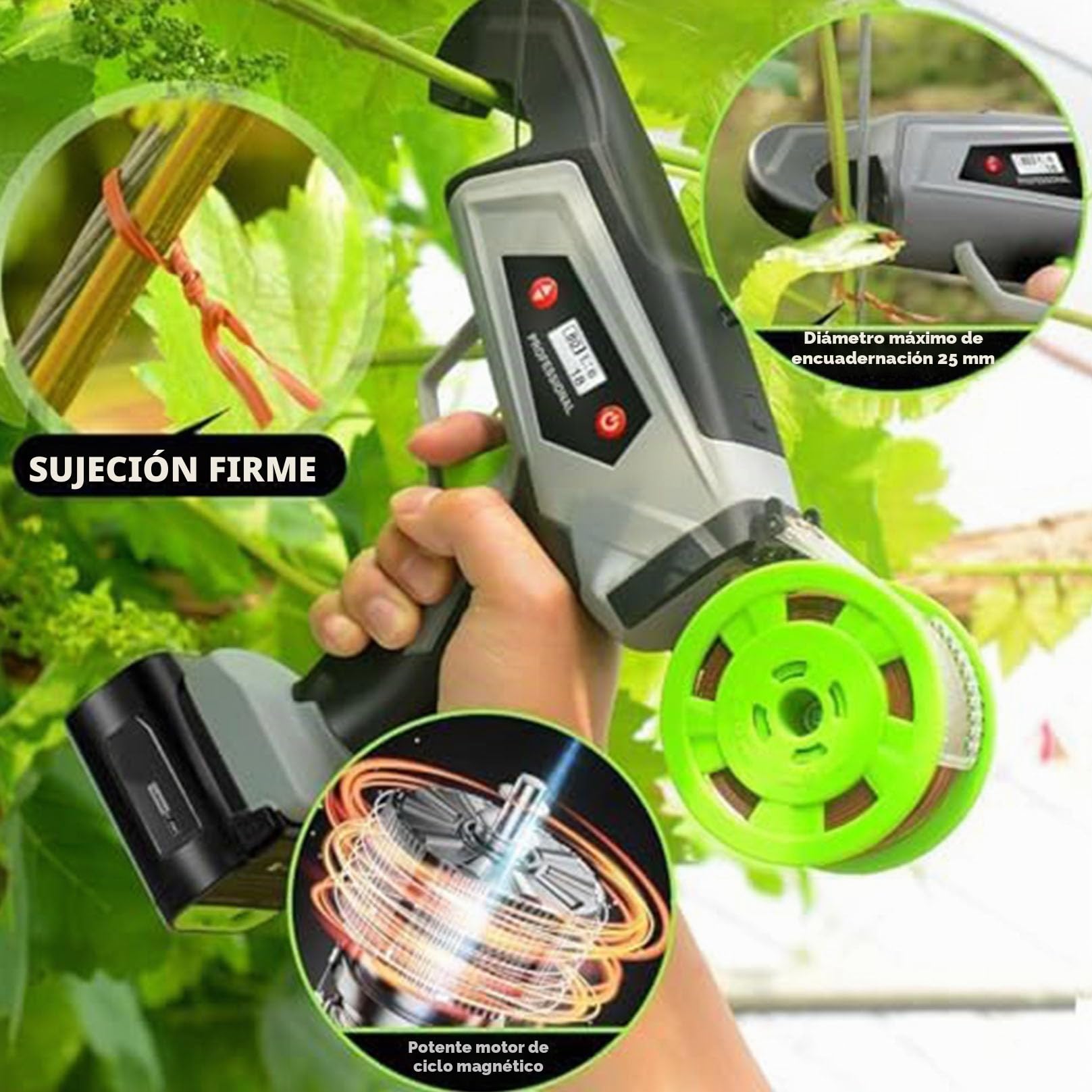 Máquina para Atar Viñas, Máquina Eléctrica para Atar Plantas De Jardinería, Pistola para Uvas, Tomates, Pepinos, Pimientos Y Flores, Atadora Eléctrica De Plantas,con Tijeras de podar （Verde）