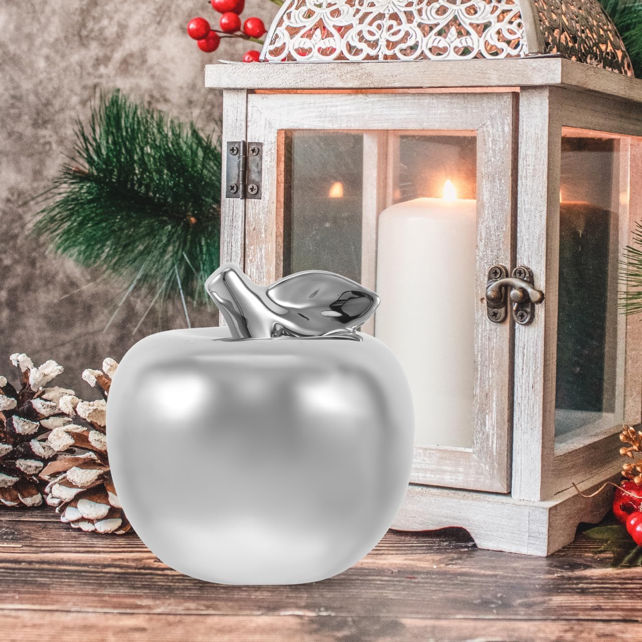BESPORTBLE Ceramic Apple Ornament Apple Figurine Porcelain Fruit Statue Figurine for Christmas Bookshelf Office Home Decor (Sliver)