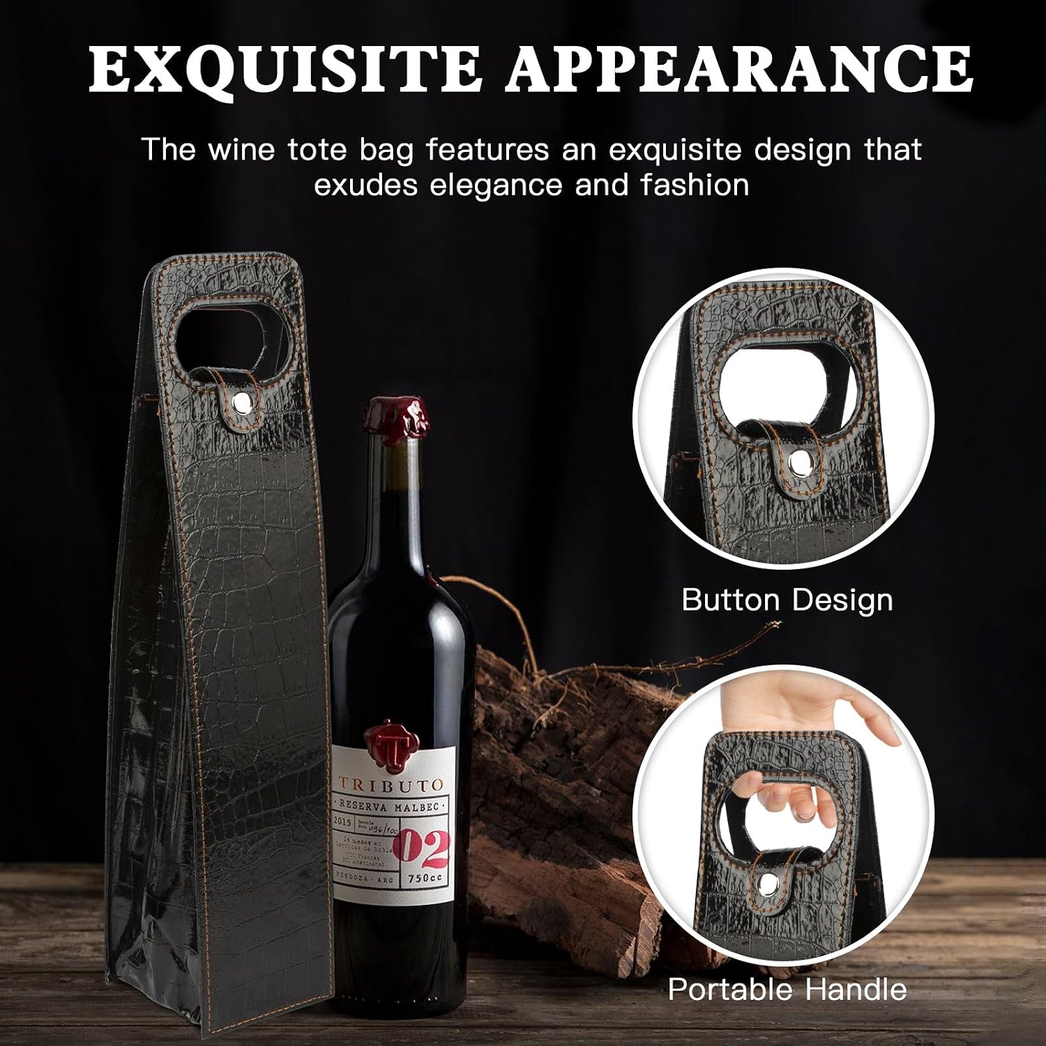 x xotic tech 2pcs Single Bottle Wine Tote Bag, Reusable Leather Wine Carrier Gift Bags, Portable Wine Protector Holder for Weddings, Birthdays, Halloween, and Christmas (Black Crocodile Grain) image 3