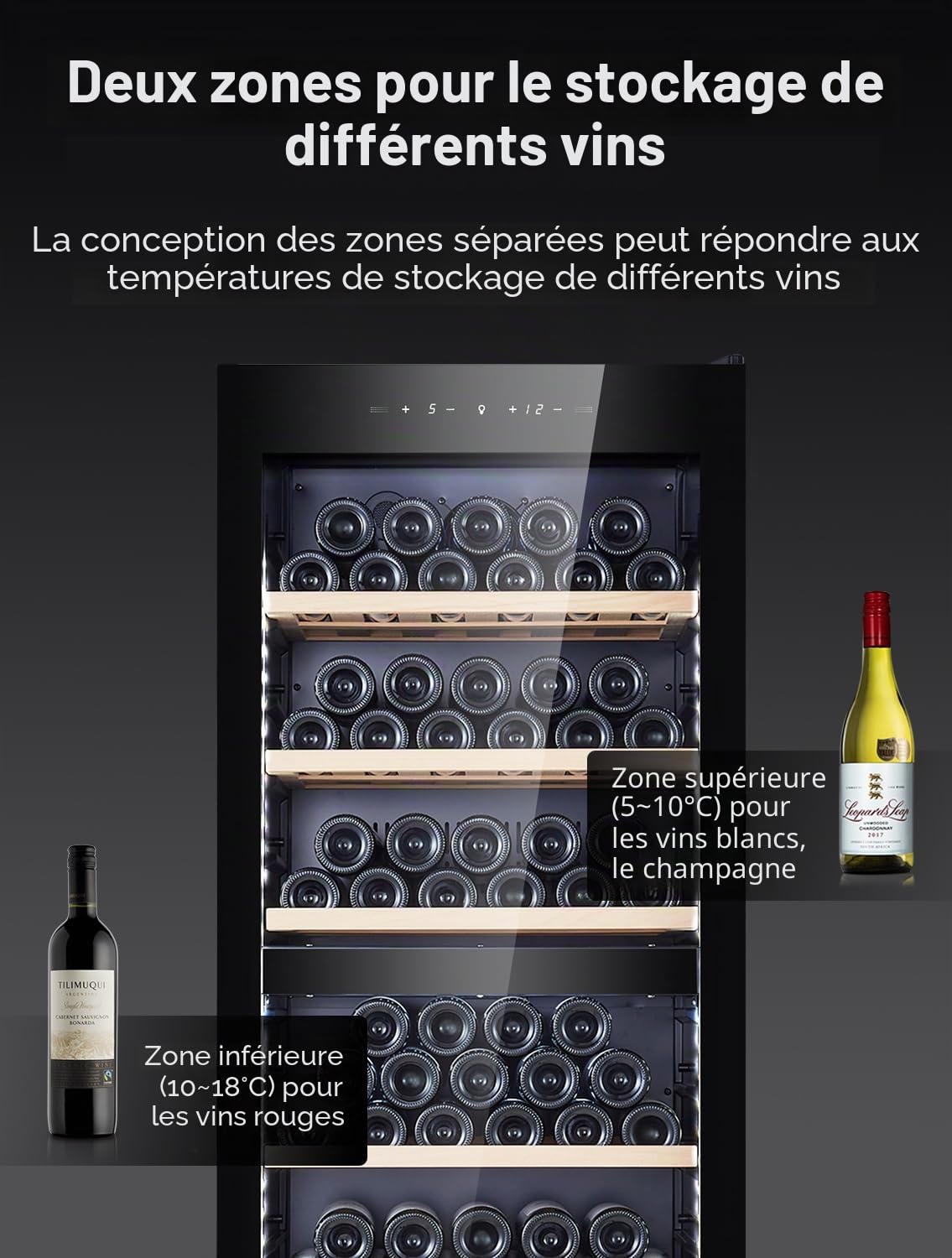 Kalamera Cave a vin Nouvelle version, 84 bouteilles, cave à vin multi-températures, deux zones de température 5-10°C / 10-18°C, 266 litres, KRC-266BFG