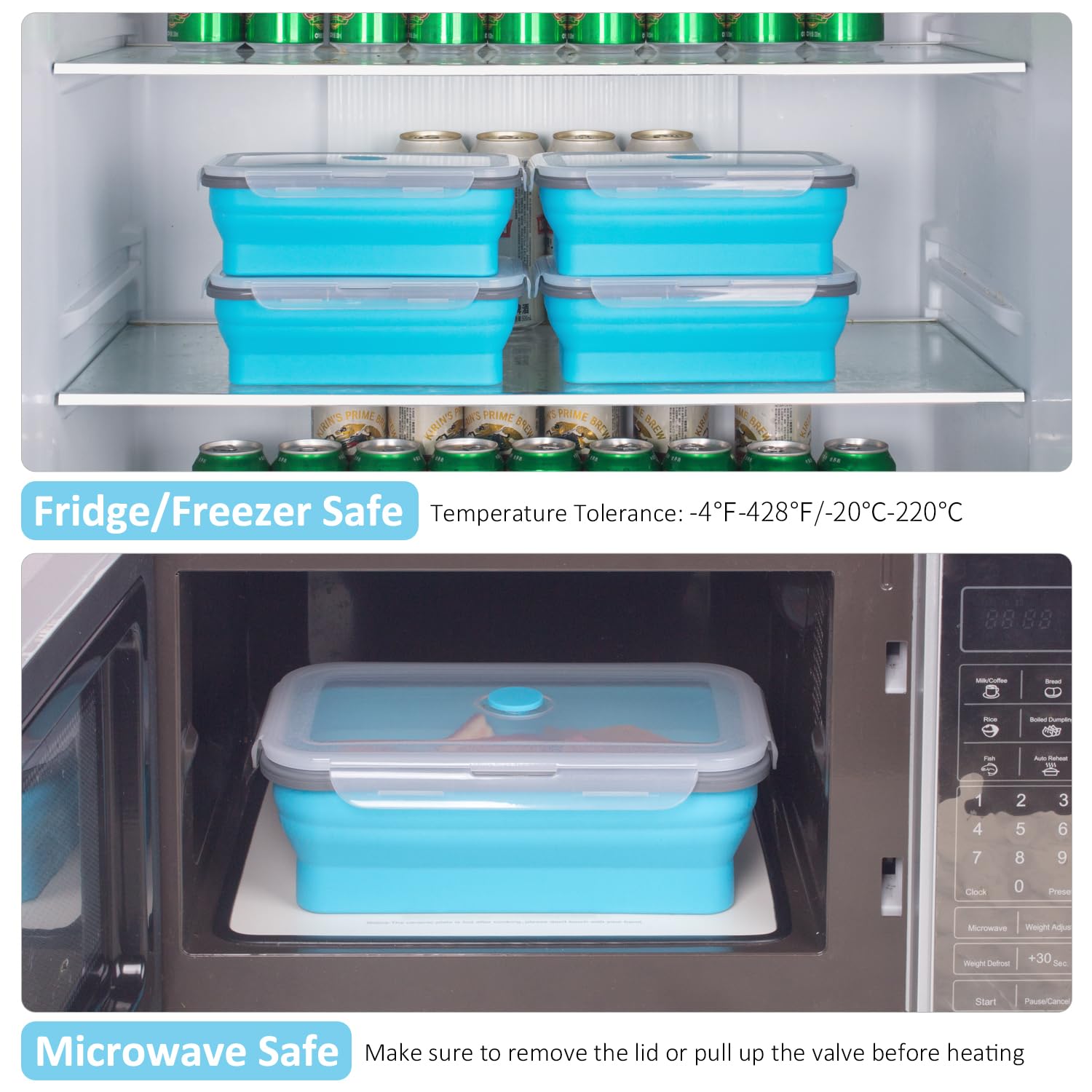 Contenedores plegables extragrandes para almacenamiento de alimentos con tapa y ventilación de aire, 60 onzas, paquete de 4, contenedores plegables XXL con tapa, recipientes de silicona plegables,