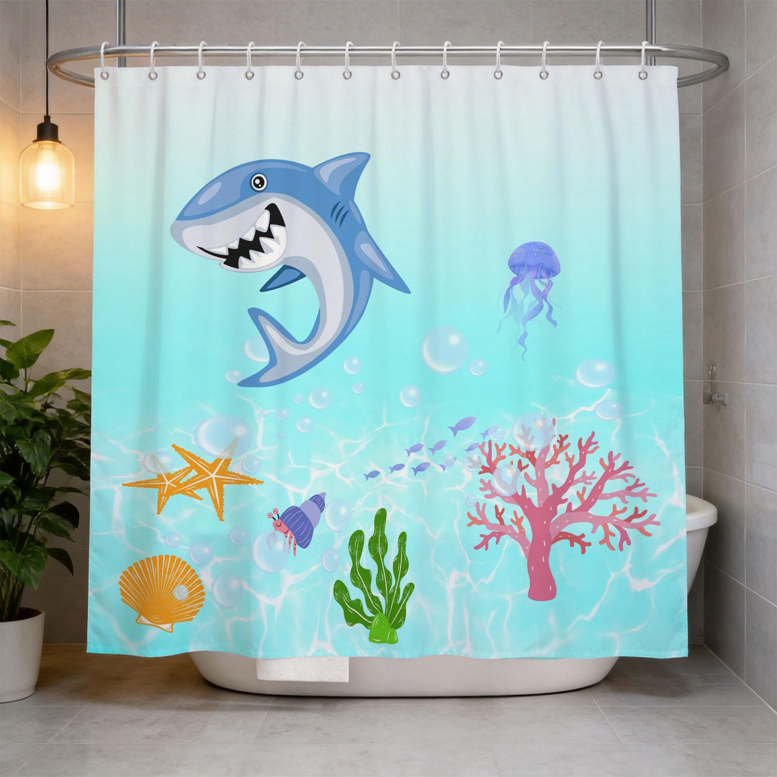 Hongduo 3D Shark Cartoon Shower Curtain for Stalls Bathtubs Cartoon Bathroom Decor Shower Curtain Set Polyester Fabric Waterproof 200x200cm/79X79 Inch with Hooks