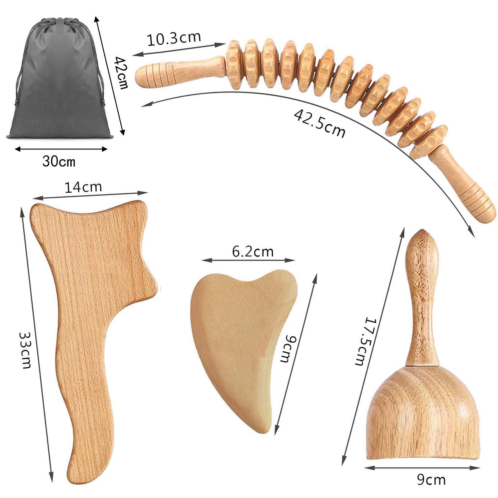 Gua Sha Set di 4 rulli massaggianti in legno, Gua Sha massaggiatore per collo, gambe, occhi, schiena e corpo, sollievo dal dolore e rilassamento, maderoterapia