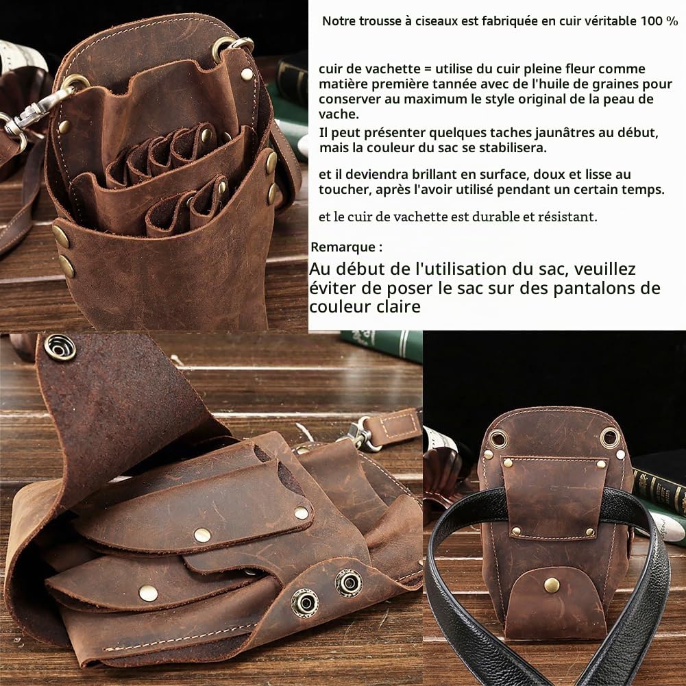 Sac à Ciseaux de Coiffure en Cuir de Vache véritable pour Salon de Coiffure, barbier, Coiffeur, étui pour Outils, Peigne, Ceinture d'épaule (Marron-7 Poche)