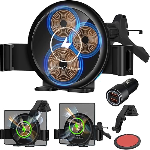 Cargador de coche inalámbrico de tres bobinas de 20 W con ventilador de refrigeración, para Z Fold 6, carga rápida con sujeción automática para
