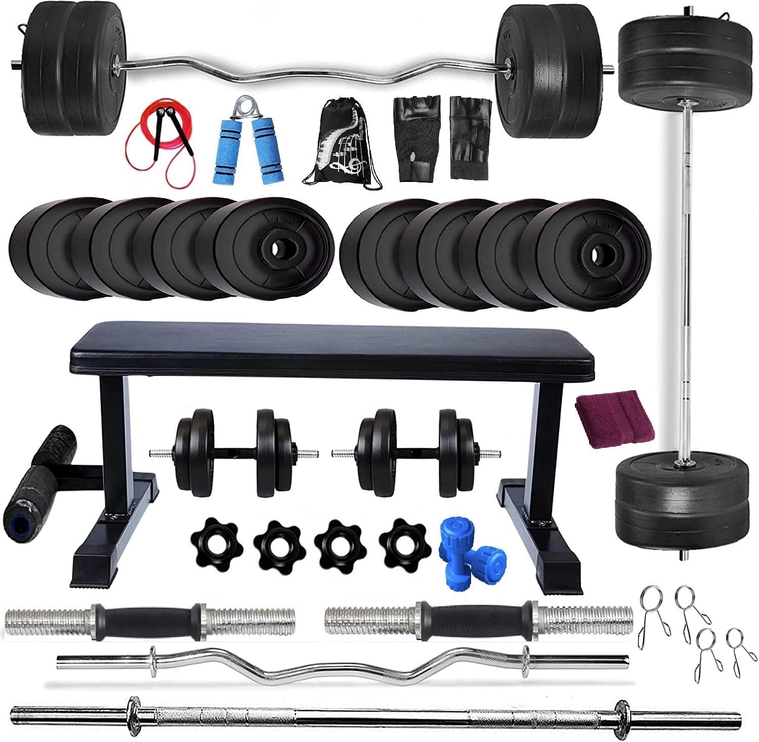 BODYFIT Home Gym Set Combo Kit, Equipment, (20Kg-100Kg) Weight Plates, 3Ft Curl, 5Ft Plain Rod, Flat with Leg Bench,2 x Dumbbell Rods,Fitness Exercise Set. (24 Kg Set)