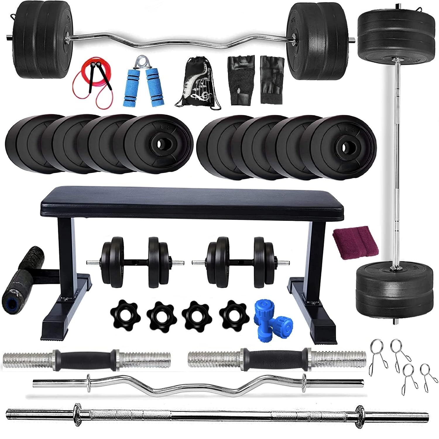 BODYFIT Home Gym Set Combo Kit, Equipment, (20Kg-100Kg) Weight Plates, 3Ft Curl, 5Ft Plain Rod, Flat with Leg Bench,2 x Dumbbell Rods,Fitness Exercise Set. (100 Kg Set)