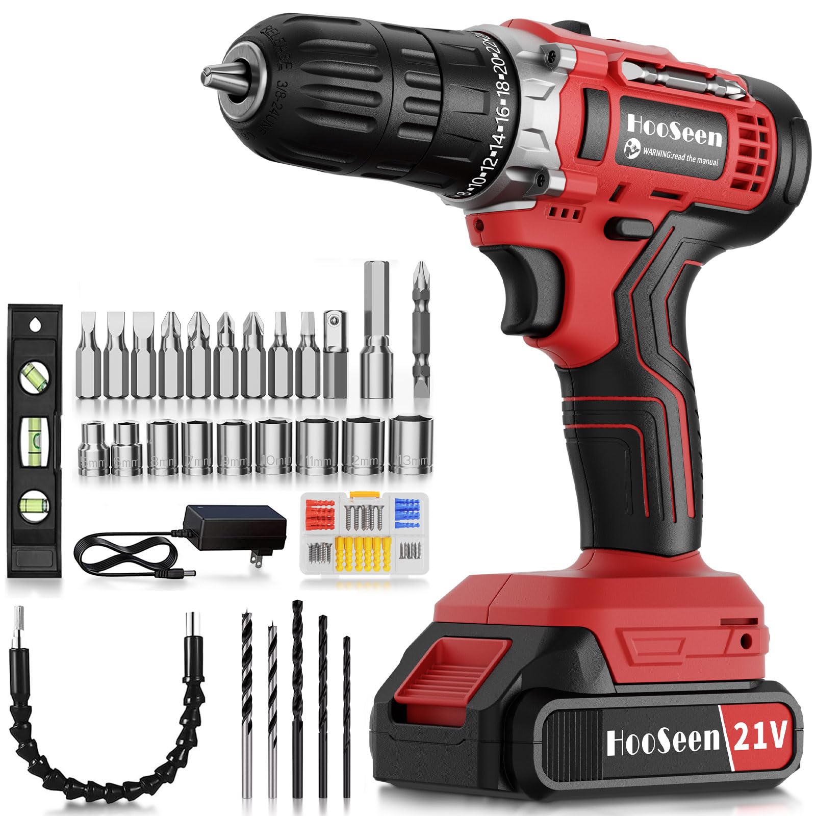 Perceuse Visseuse Devisseuse Sans Fil 21V,25 Accessoires, niveau de couple 24 + 1, 2 vitesses et LED, pince de perçage 10mm pour réparation à domicile, travaux à domicile