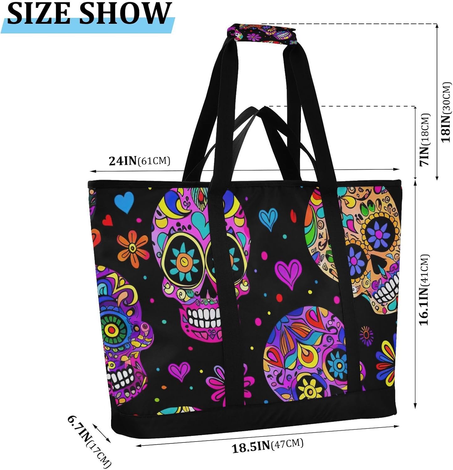 Sugar Skull Heart Large Insulated Reusable Tote Bag for Grocery Shopping for Women Men, Cooler Bag with Zippered Top & Handles for Travel Beach Picnic
