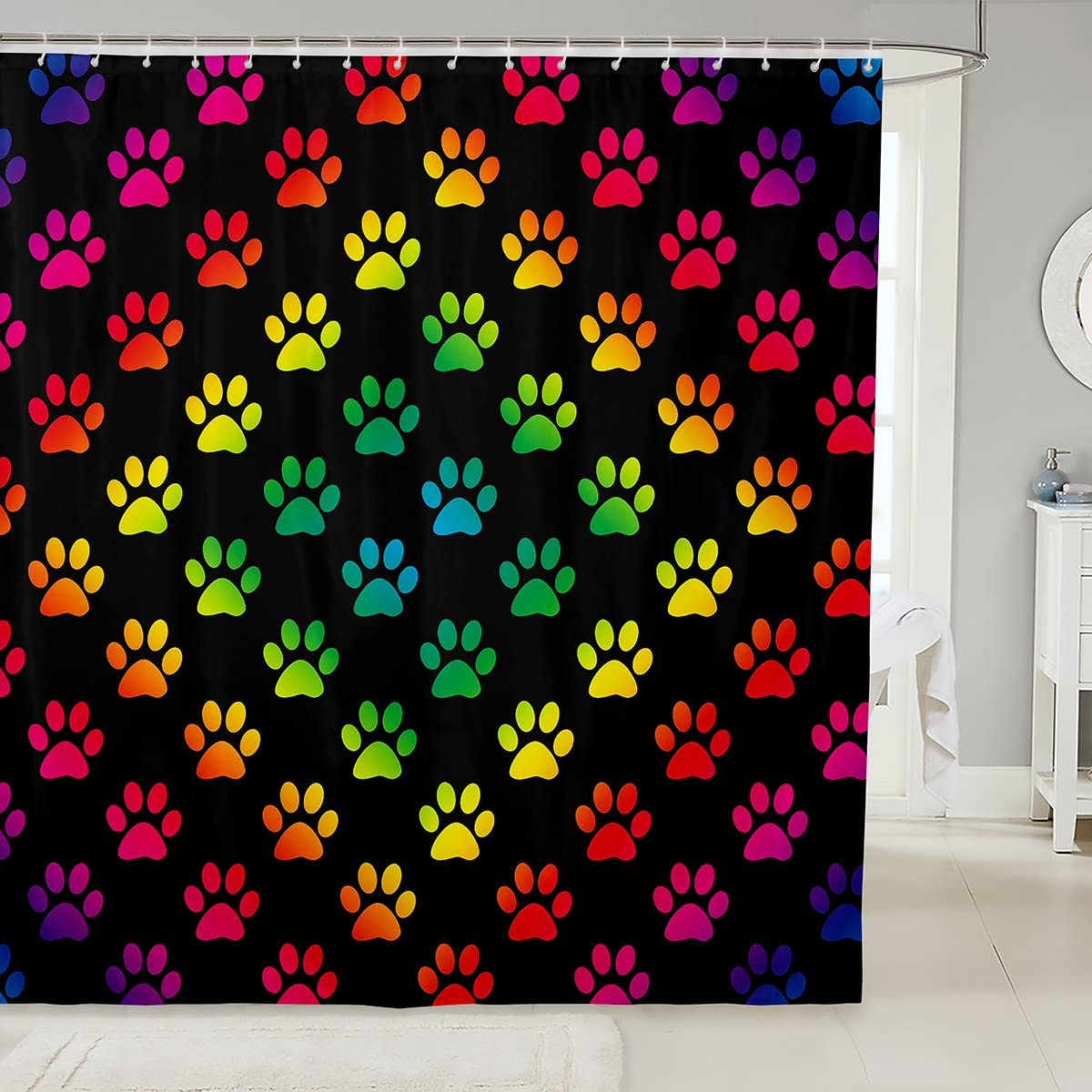 Cat Dog Paw Shower Curtain Cute Animals Bathroom Fabric Shower Curtain Set for Kids Rainbow Color Paw Bath Curtain Cat Lover's Gift Waterproof Curtains59x71 Inch