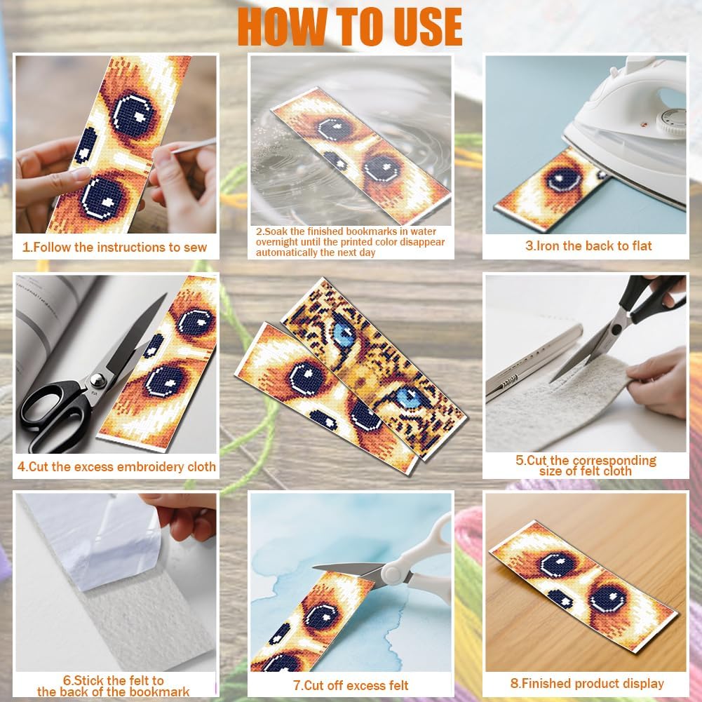 FREEBLOSS 6 Set Cross Stitch Bookmark Kit 11CT DIY Cross Stitch Kits Animal Eyes Pattern Stamped Embroidery Kit with Instructions Bookmark Making Set for Adult Beginners 8x2.4inch