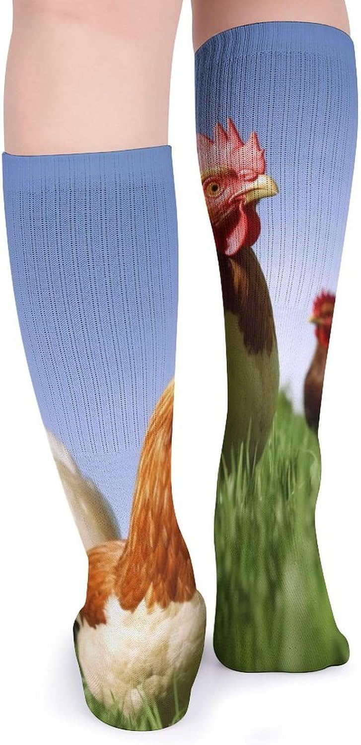 Breathable Crew Sock, Moisture Wicking, Athletic Calf Socks, Cozy | Funny Chicken Grass Compression Socks for Women Men, Lightweight High Work Socks for Business, Casual