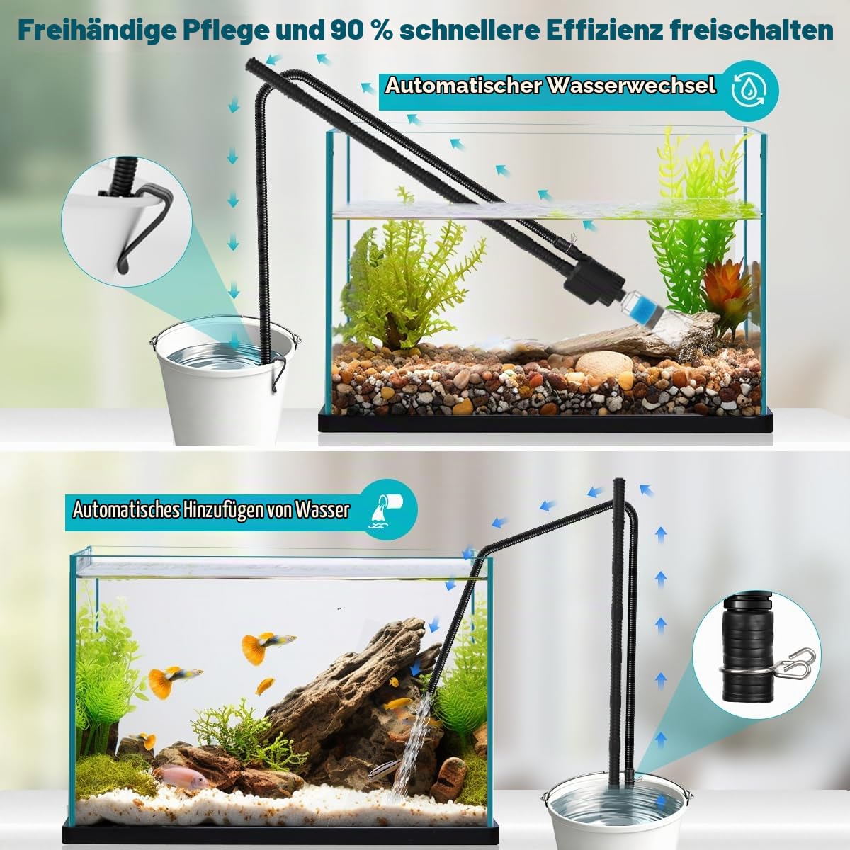 fishkeeper 30W Mulmsauger Aquarium Elektrisch, Einstellbar 1800 L/H Aquarium Sauger Elektrisch, 8-in-1 Wasserwechsel Pumpe mit Schlauch zur Sandreinigung, Kiesreiniger, Filterung, Wasserzirkulation