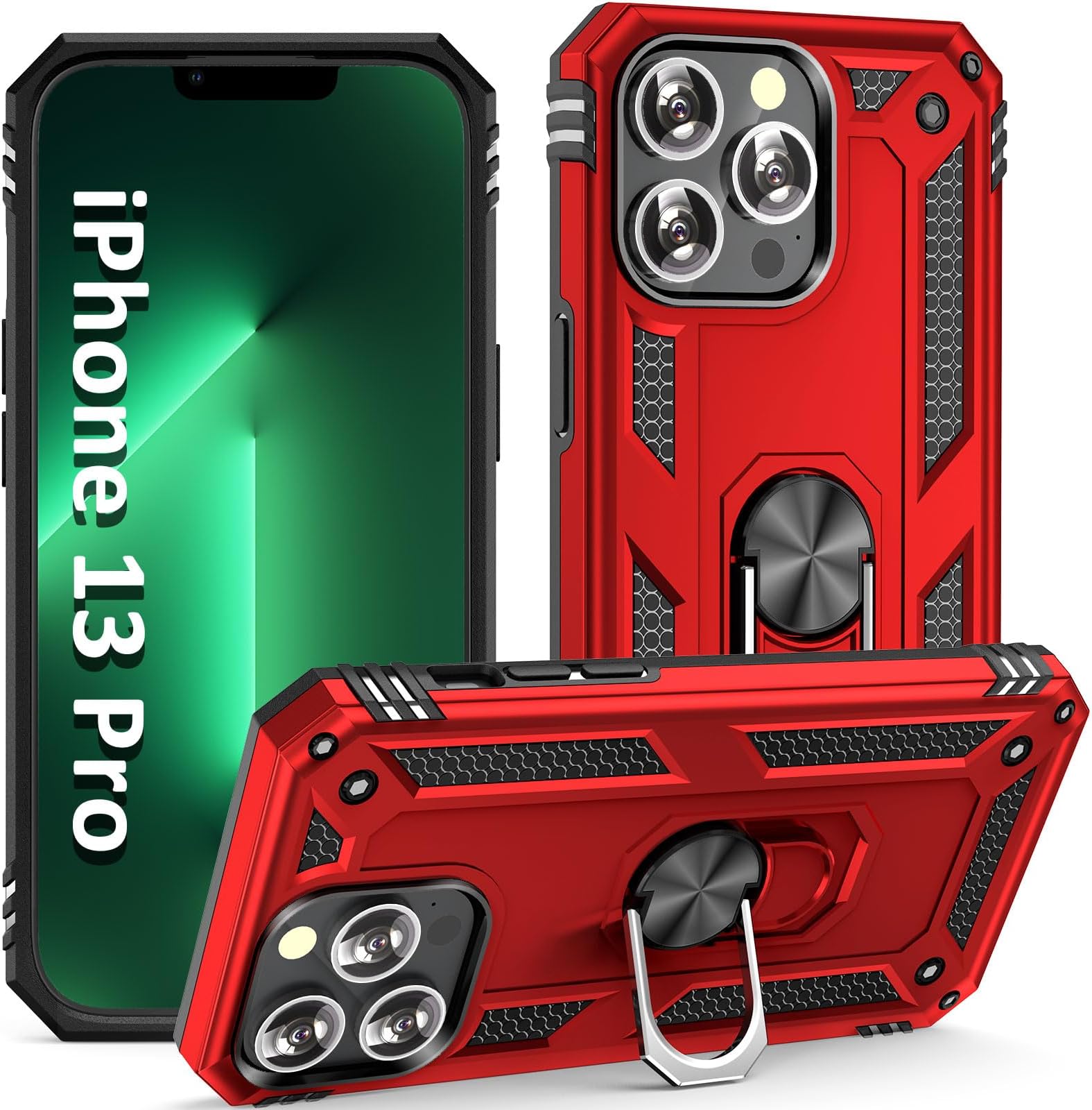 ADDIT i Phone13 Pro Case, for iPhone 13 Pro Case,with Kickstand Ring,Adjustable Stand,Military Grade,Heavy Duty Protection,Shockproof,Anti-Fingerprint,Support Magnet Car Mount,Red