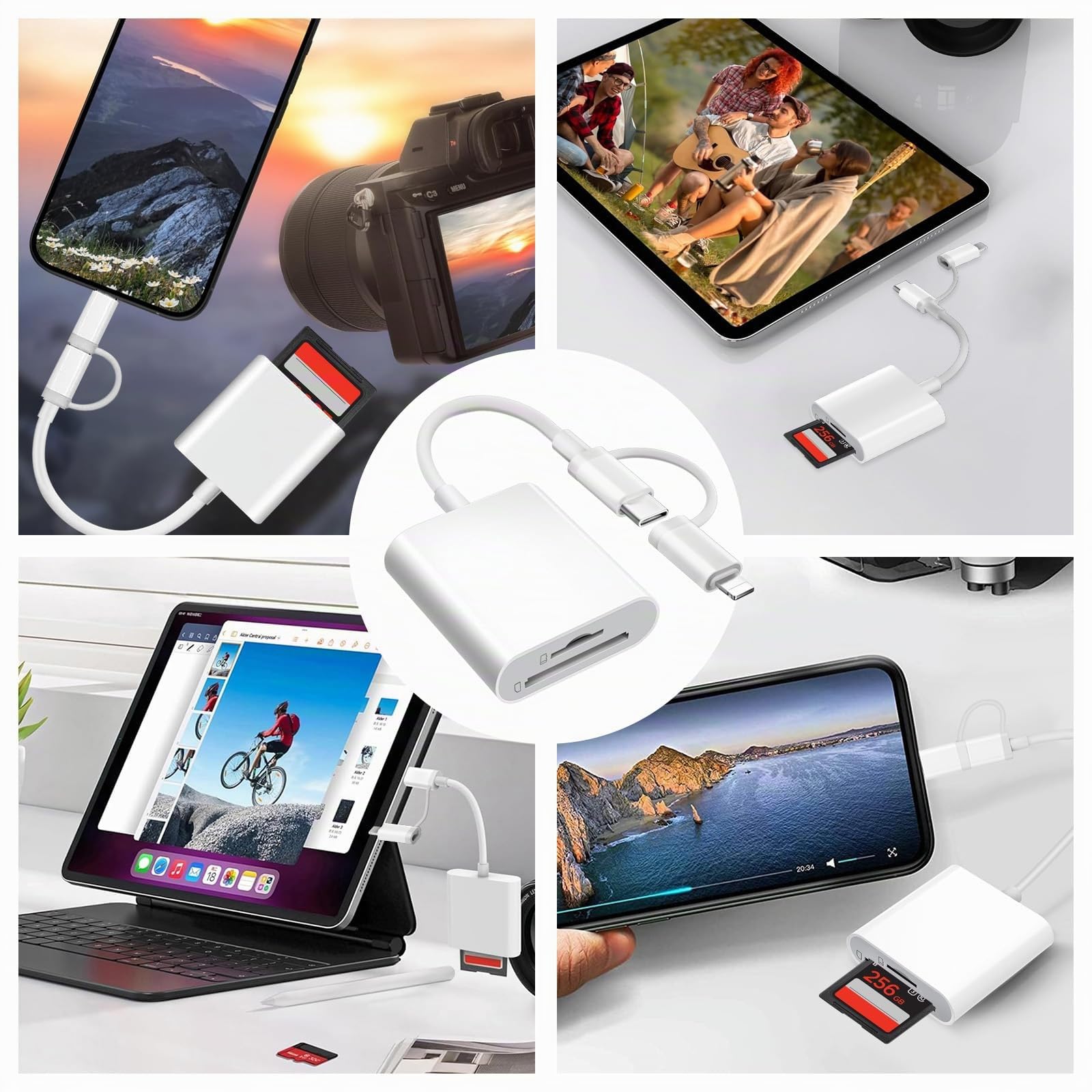 Lettore Schede SD per iPhone, 2 in 2 Adattatore per Lettore di Schede SD USB C, Lettore di Schede di Memoria SD per Schede SD/SDHC/SDXC/MicroSD, SD Card Reader per iPad/iPhone15/MacBook/Tablet/Huawei