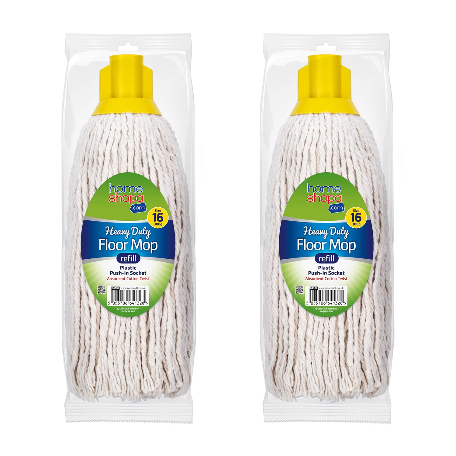 HOMESHOPA 2 Pack Mop Heads Replacement, 16 Size Yellow Colour Coded Self Threading Plastic Push in Socket Refill Head, Super Absorbent Wet & Dry Floor Cleaning for Domestic & Commercial Use