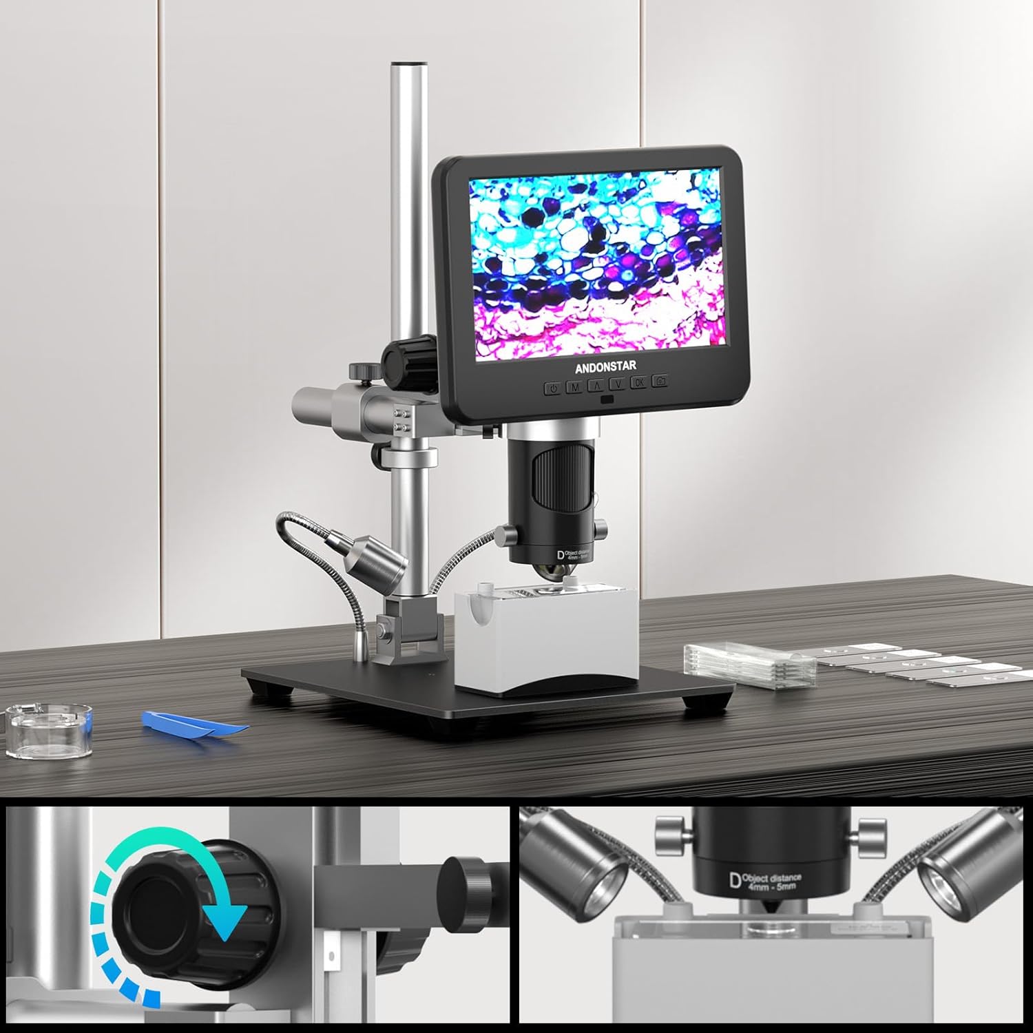 Andonstar AD246SM-Plus microscope showing focus knob and object distance adjustment
