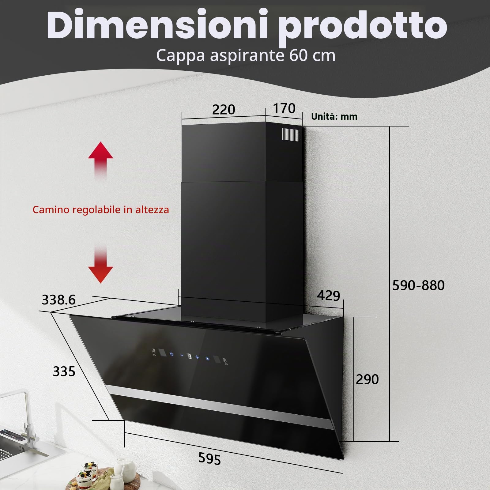 SNDOAS Cappa Aspirante 60 cm, 450 m³/h, Controllo Touch e a Gesti, A+++ | Cappa da Cucina Inclinata con Scarico/Ricircolo, 3 Velocità + Modalità Boost, Silenziosa, LED, Vetro Nero