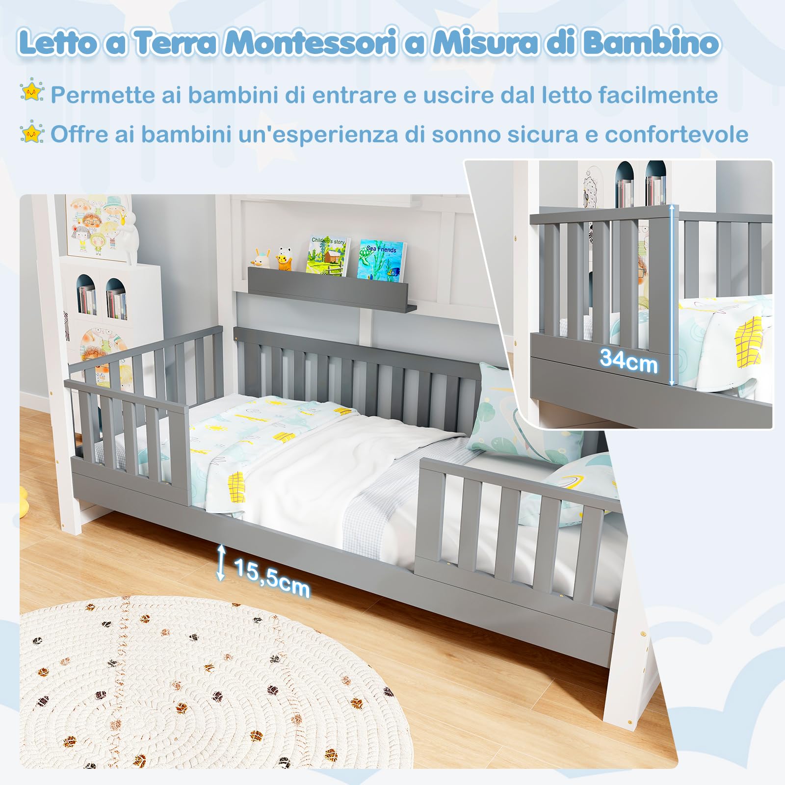COSTWAY Letto per Cameretta a Forma di Cassetta 90 x 200 cm, per Bambini Struttura di Legno di Pino, Letto Casetta Montessori con 2 Ripiani Mensole e Protezione Anticaduta, Bianco e Grigio