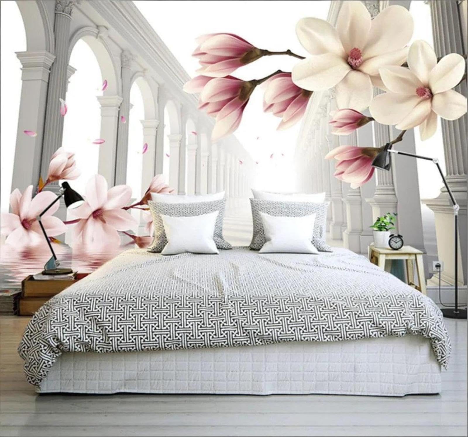 Tzxztt Three Dimensional Aesthetic Magnolia Roman Columns Spatial Extension Modern 3D Wallpaper Premium Textured Silk Neutral Tones Material Ideal for Living Room Bedroom-350cm×256cm