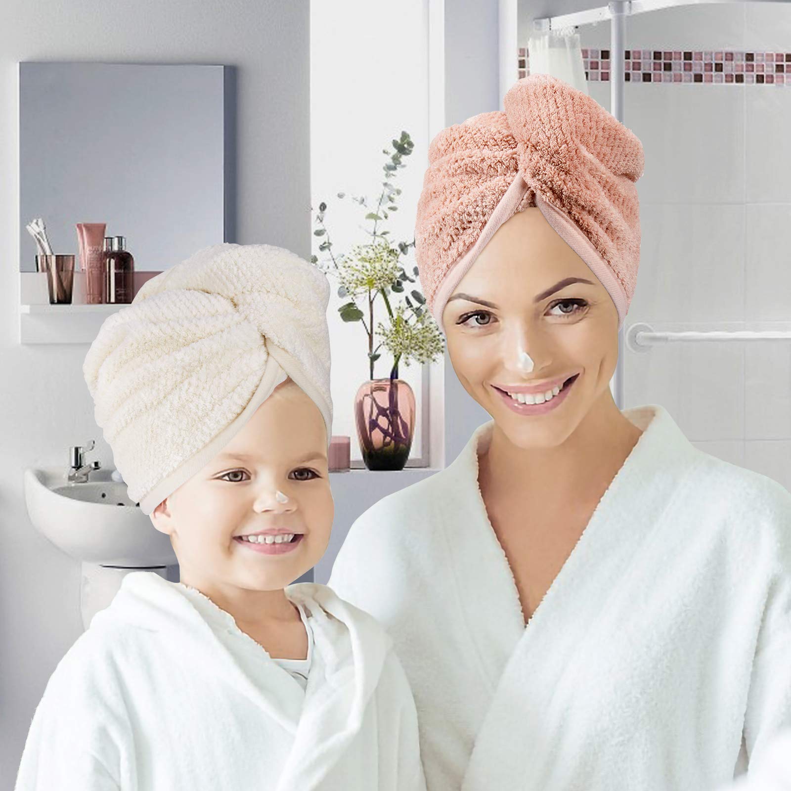 Lot De 2 Serviettes Turban Pour Cheveux Avec Bouton - Taille 65x25 Cm, Rose - Absorbantes, Séchage Rapide, Lavables 60°C - 8