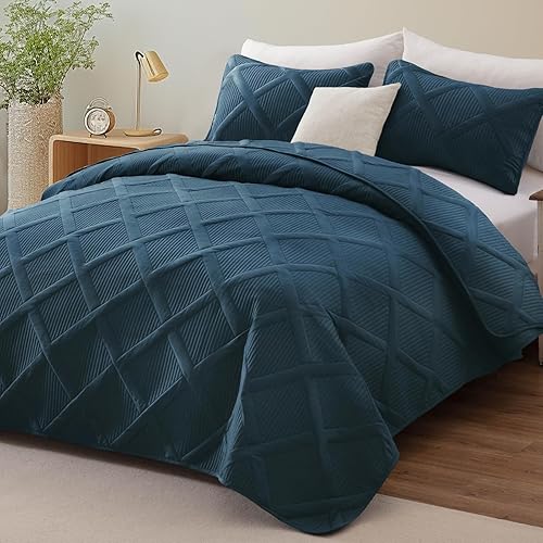 Miniatura 8 de Exclusivo Mezcla - Juego de edredón ultrasónico de 3 piezas, 2 fundas de almohada, ligero, moderno, a rayas, para todas las estaciones, tamaño King