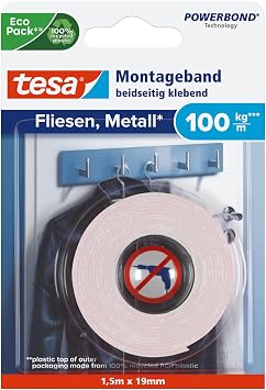 tesa Powerbond Mounting Tape, Tiles & Metal, Extra Strong - 1.5 m x 19 mm
