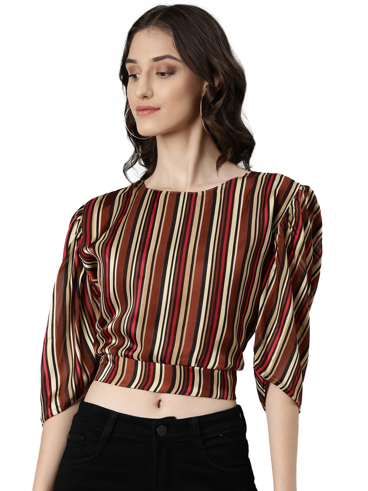 SHOWOFF Women's Vertical Stripes Puff Sleeves Brown Styled Back Crop Top-AE-10683_Brown-image-1