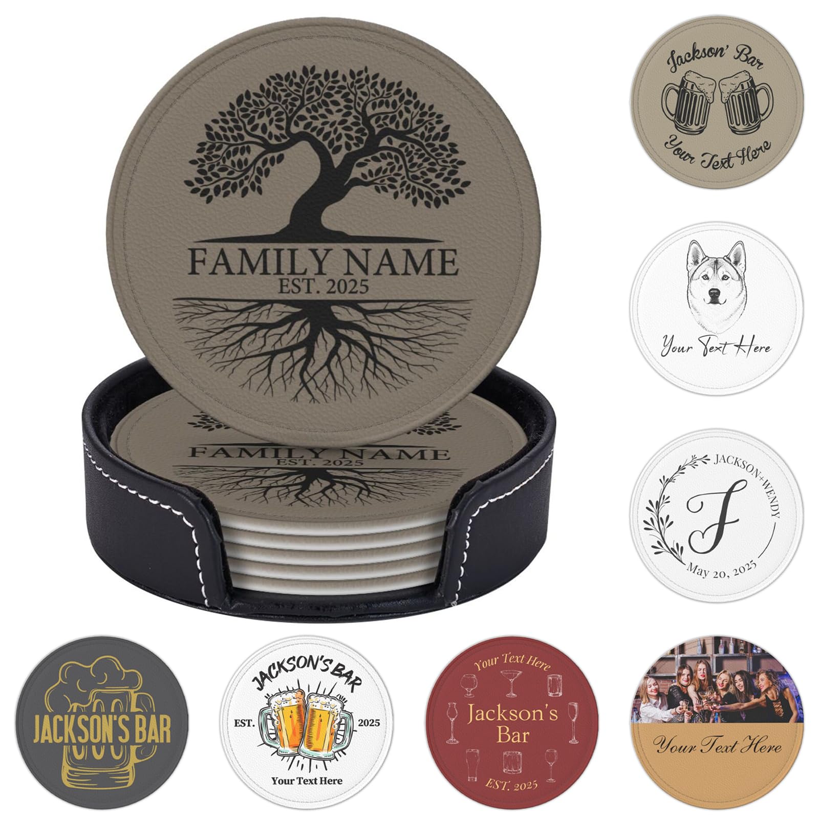 Personalised Coasters Set of 6 Personalized PU Leather Coasters for Drinks Add Your Own Text Logo Custom Non-Slip Drink Mat Cup Holder for Wedding Housewarmings Birthday Anniversary